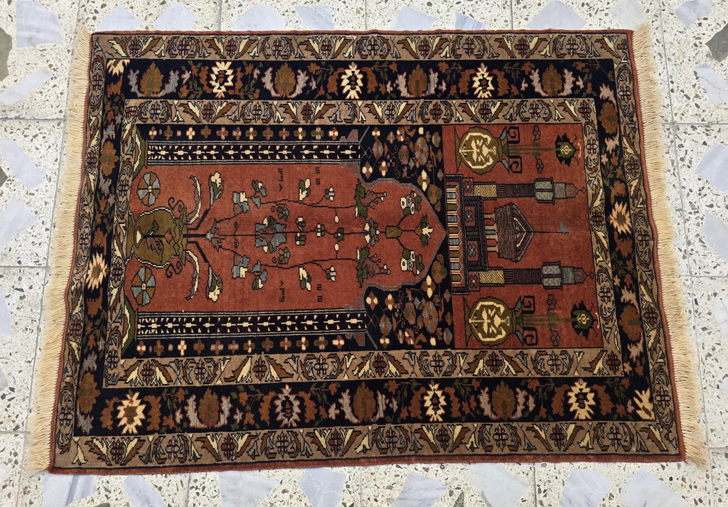 Handwoven Prayer Mat 3.6x2.6ft, Turkmen Wool Handmade Rugs, Wall Hanging Rug, Collectible Afghan Rug