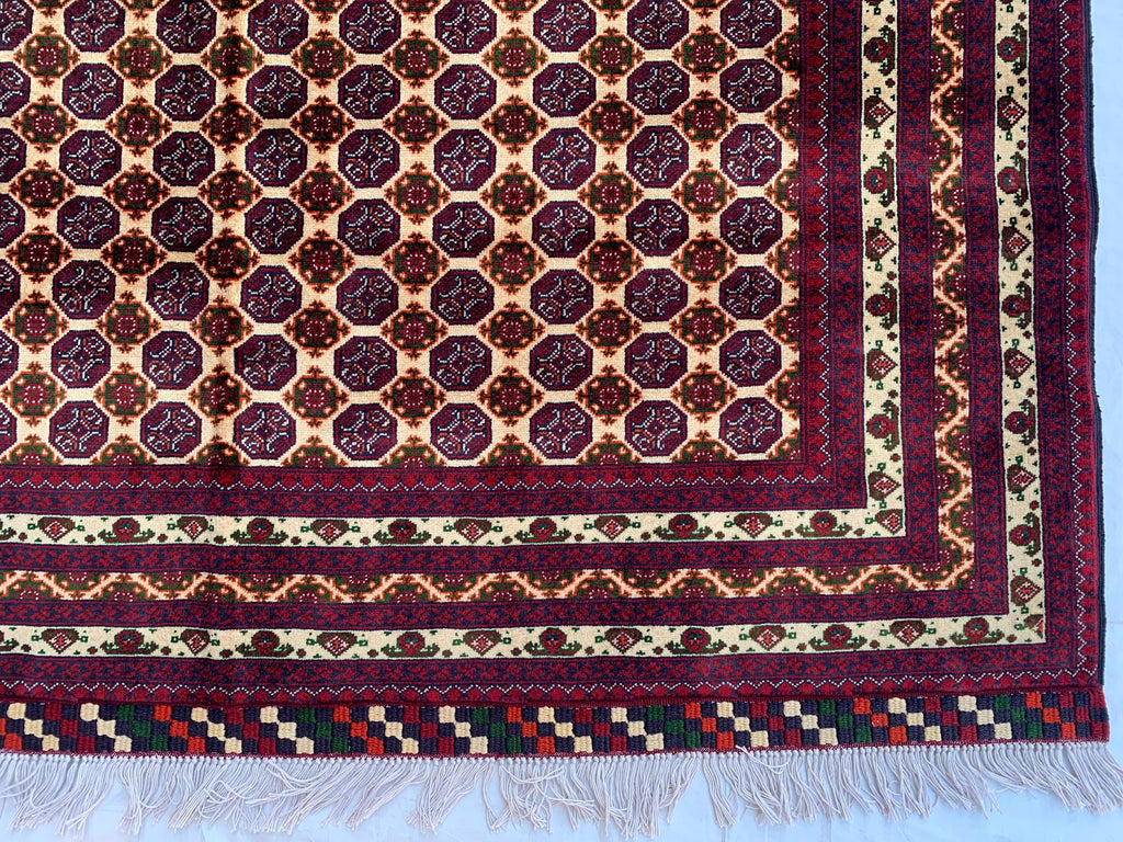 5x7ft Hoja Roshnai Beljik Rug – Handwoven Afghan Area Rug in Burgundy, Cream & Black – Geometric Repeating Pattern – Tribal Wool Carpet