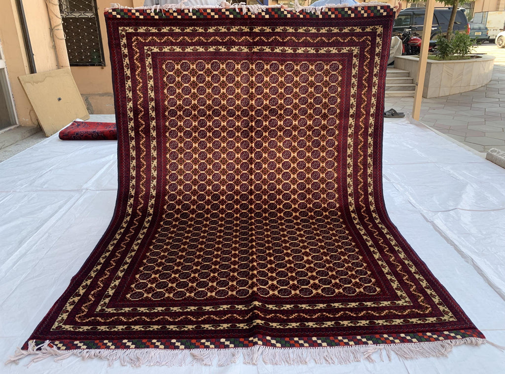 5x7ft Hoja Roshnai Beljik Rug – Handwoven Afghan Area Rug in Burgundy, Cream & Black – Geometric Repeating Pattern – Tribal Wool Carpet