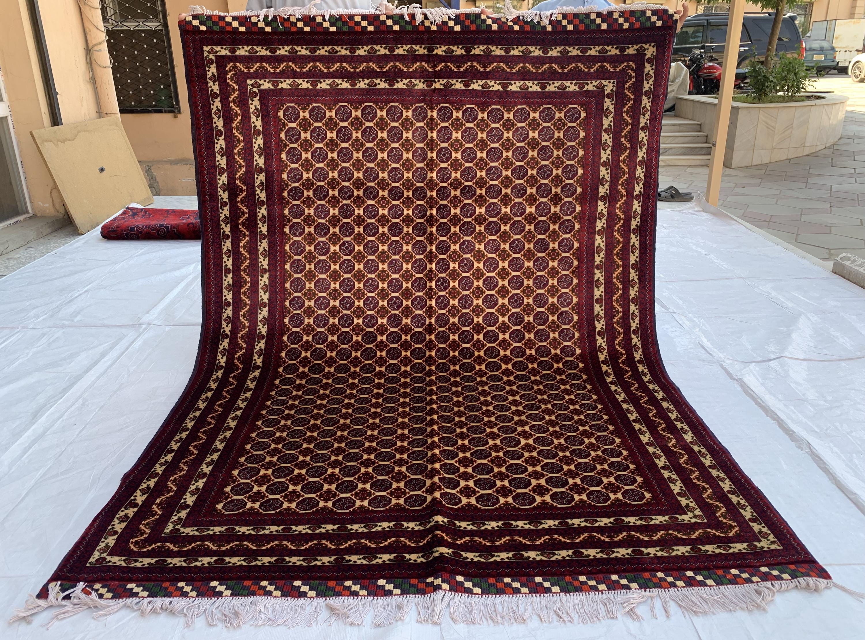 5x7ft Hoja Roshnai Beljik Rug – Handwoven Afghan Area Rug in Burgundy, Cream & Black – Geometric Repeating Pattern – Tribal Wool Carpet