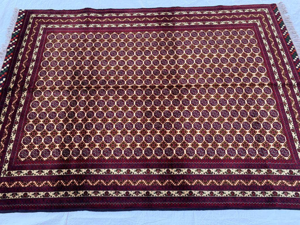 5x7ft Hoja Roshnai Beljik Rug – Handwoven Afghan Area Rug in Burgundy, Cream & Black – Geometric Repeating Pattern – Tribal Wool Carpet