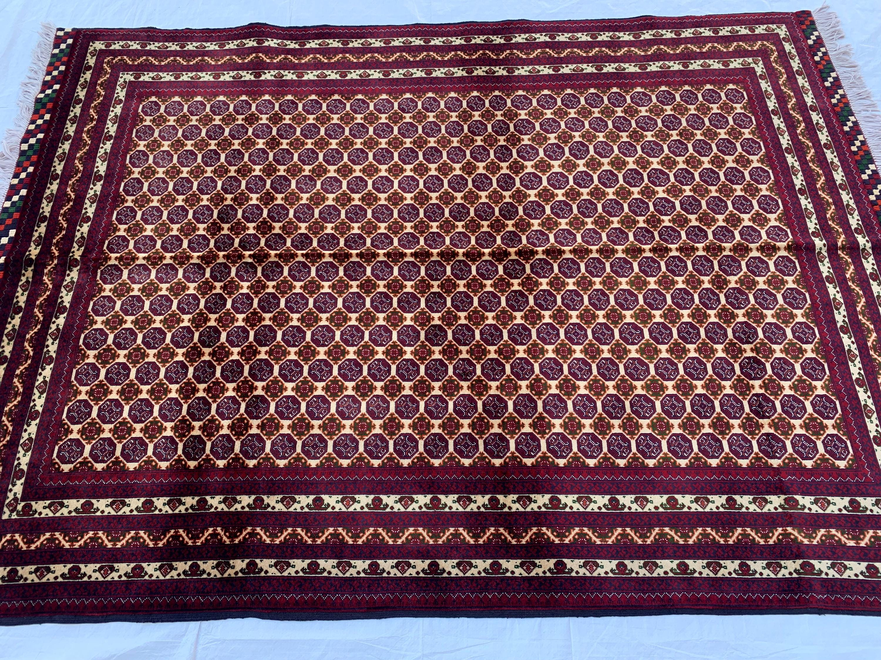 5x7ft Hoja Roshnai Beljik Rug – Handwoven Afghan Area Rug in Burgundy, Cream & Black – Geometric Repeating Pattern – Tribal Wool Carpet