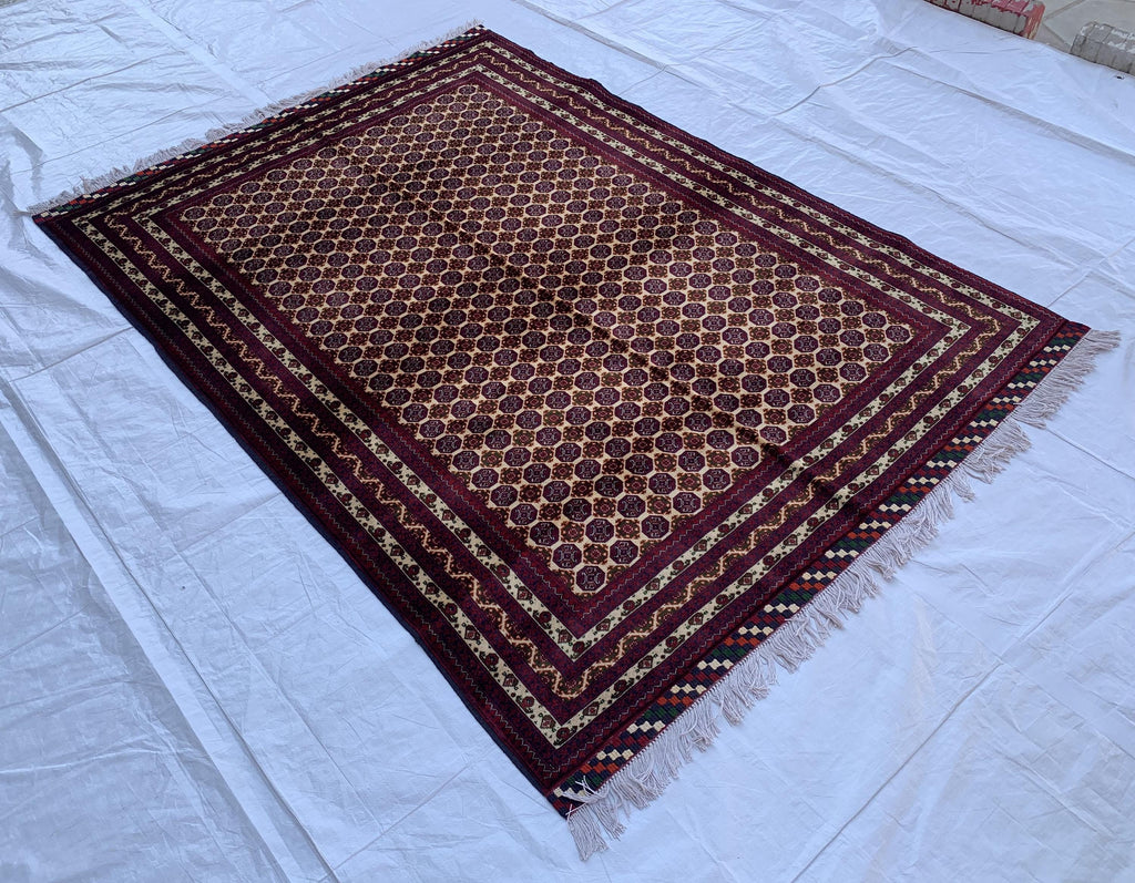 5x7ft Hoja Roshnai Beljik Rug – Handwoven Afghan Area Rug in Burgundy, Cream & Black – Geometric Repeating Pattern – Tribal Wool Carpet