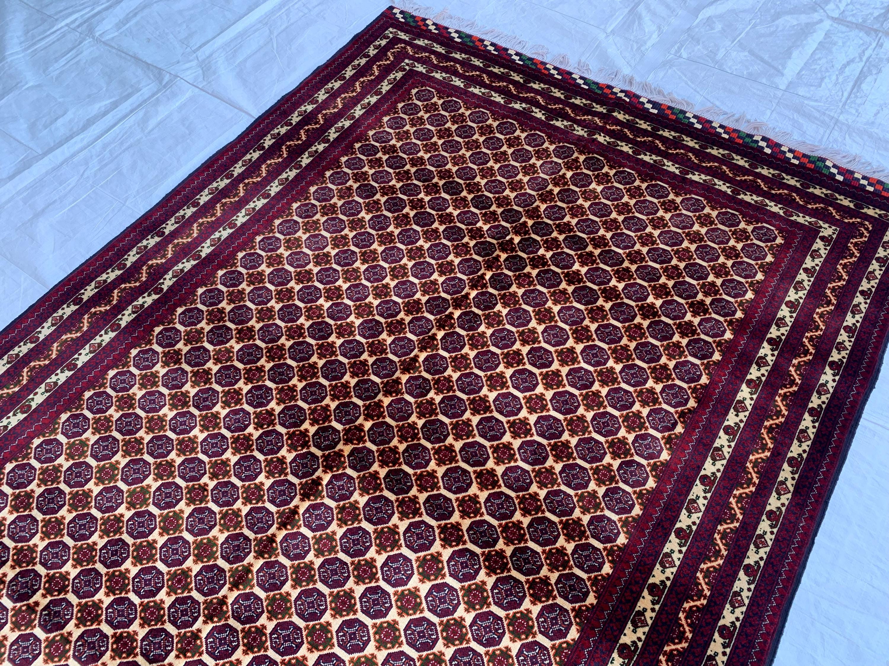 5x7ft Hoja Roshnai Beljik Rug – Handwoven Afghan Area Rug in Burgundy, Cream & Black – Geometric Repeating Pattern – Tribal Wool Carpet