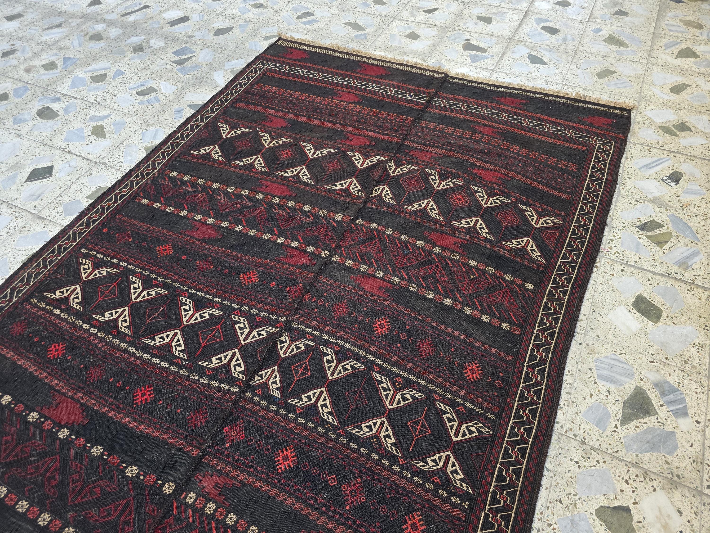 5x10ft Vintage Large Afghan Kilim Rug – Handwoven Tribal Red & Black Wool Flatweave – Boho Living Room, Office, or Area Decor Rug 306x161 cm