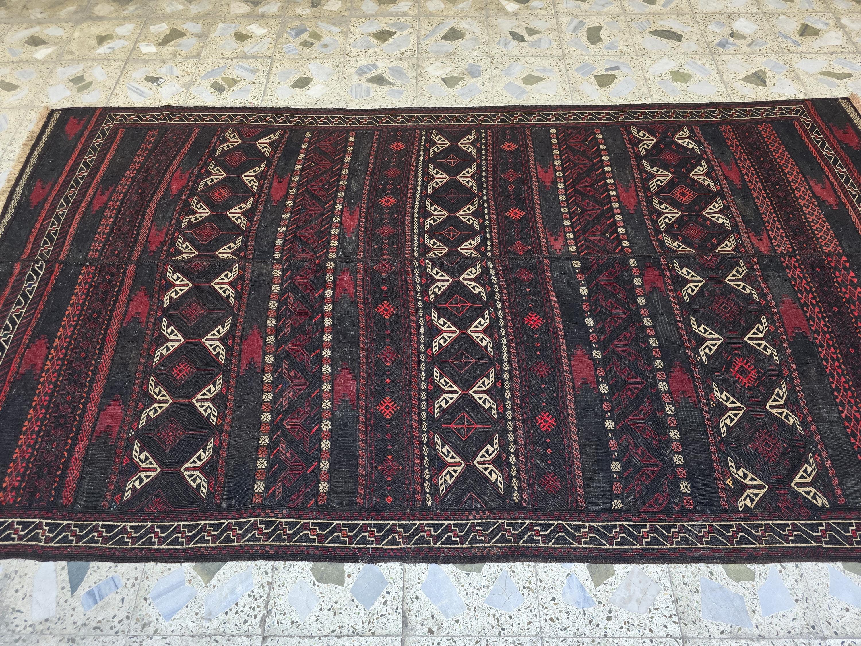 5x10ft Vintage Large Afghan Kilim Rug – Handwoven Tribal Red & Black Wool Flatweave – Boho Living Room, Office, or Area Decor Rug 306x161 cm