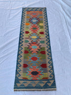 Flatweave Afghan Handmade Hallway Kilim Runner, Turkmen Traditional Wool Area Rug, Vegetable Dyed Rug, Rug for Kitchen, Entryway Rug 197x65