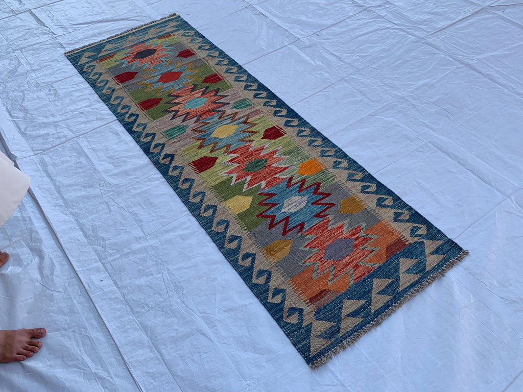 Flatweave Afghan Handmade Hallway Kilim Runner, Turkmen Traditional Wool Area Rug, Vegetable Dyed Rug, Rug for Kitchen, Entryway Rug 197x65