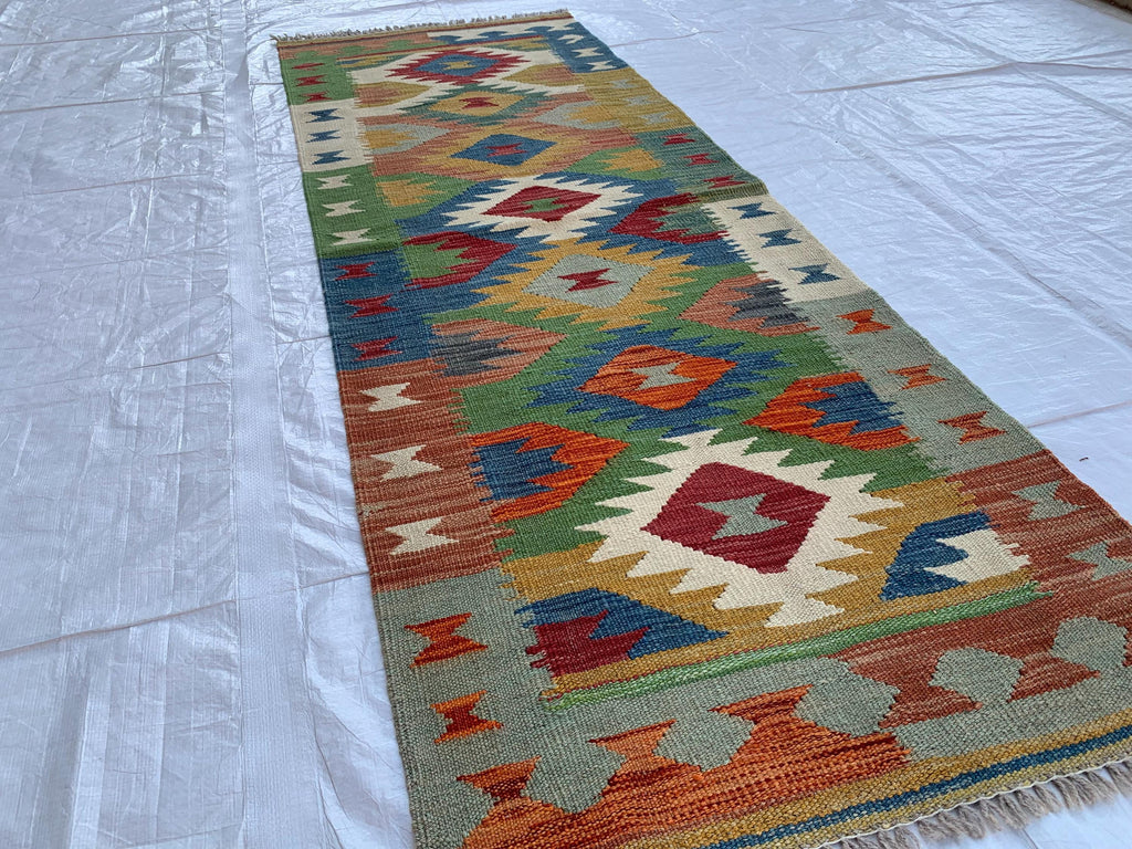 2x6ft, Turkmen Handmade Afghan Wool Chobi Kilim, Flatweave Hallway Runner Rug, Vegetable Dyed Rug, Multi Color Kilim, for Entryway 187x67 cm