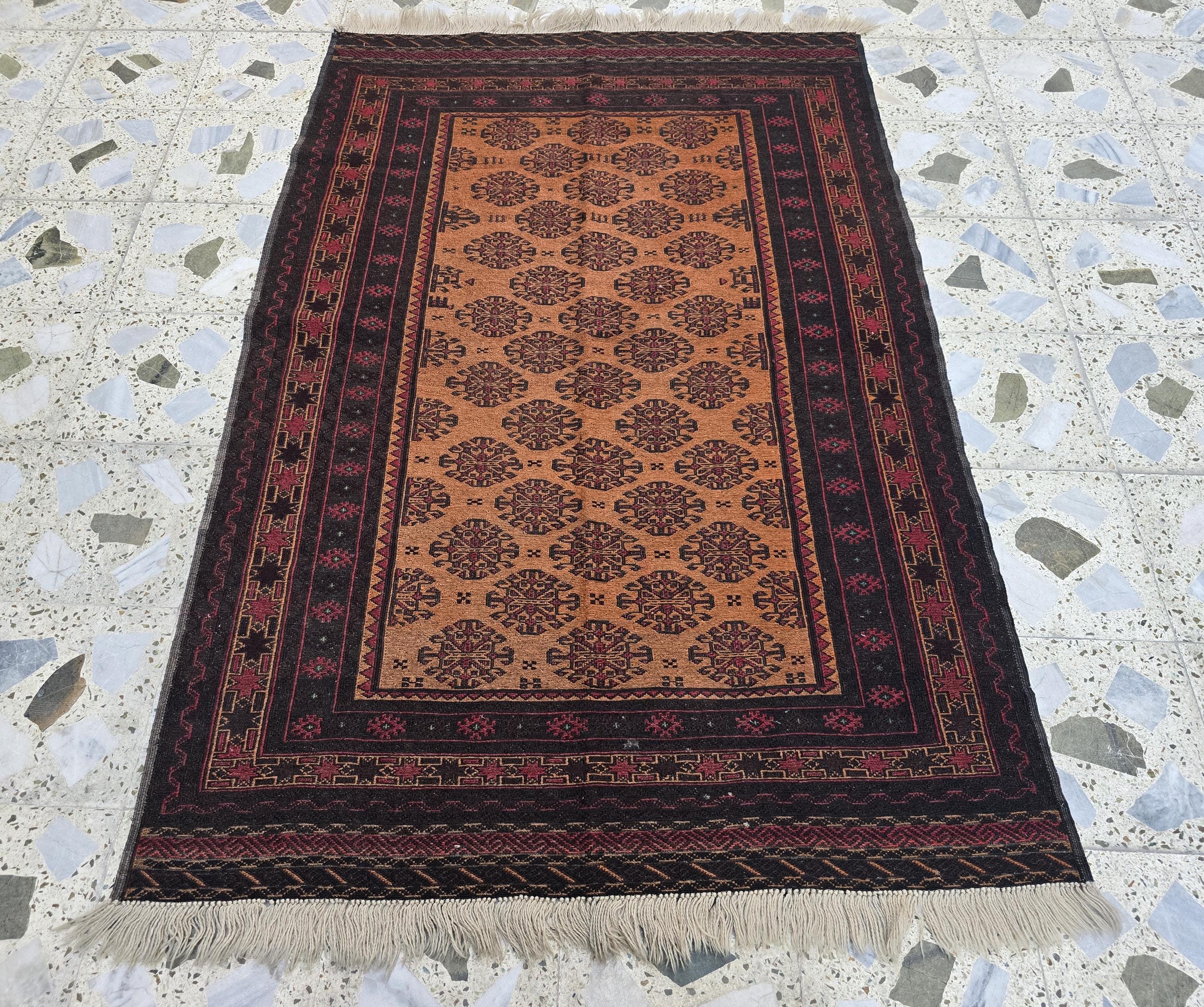 Vintage Afghan Kilim Rug 4.1x6.1 ft – Handwoven Tribal Wool Carpet, Orange & Black Geometric Pattern, Boho Home Decor