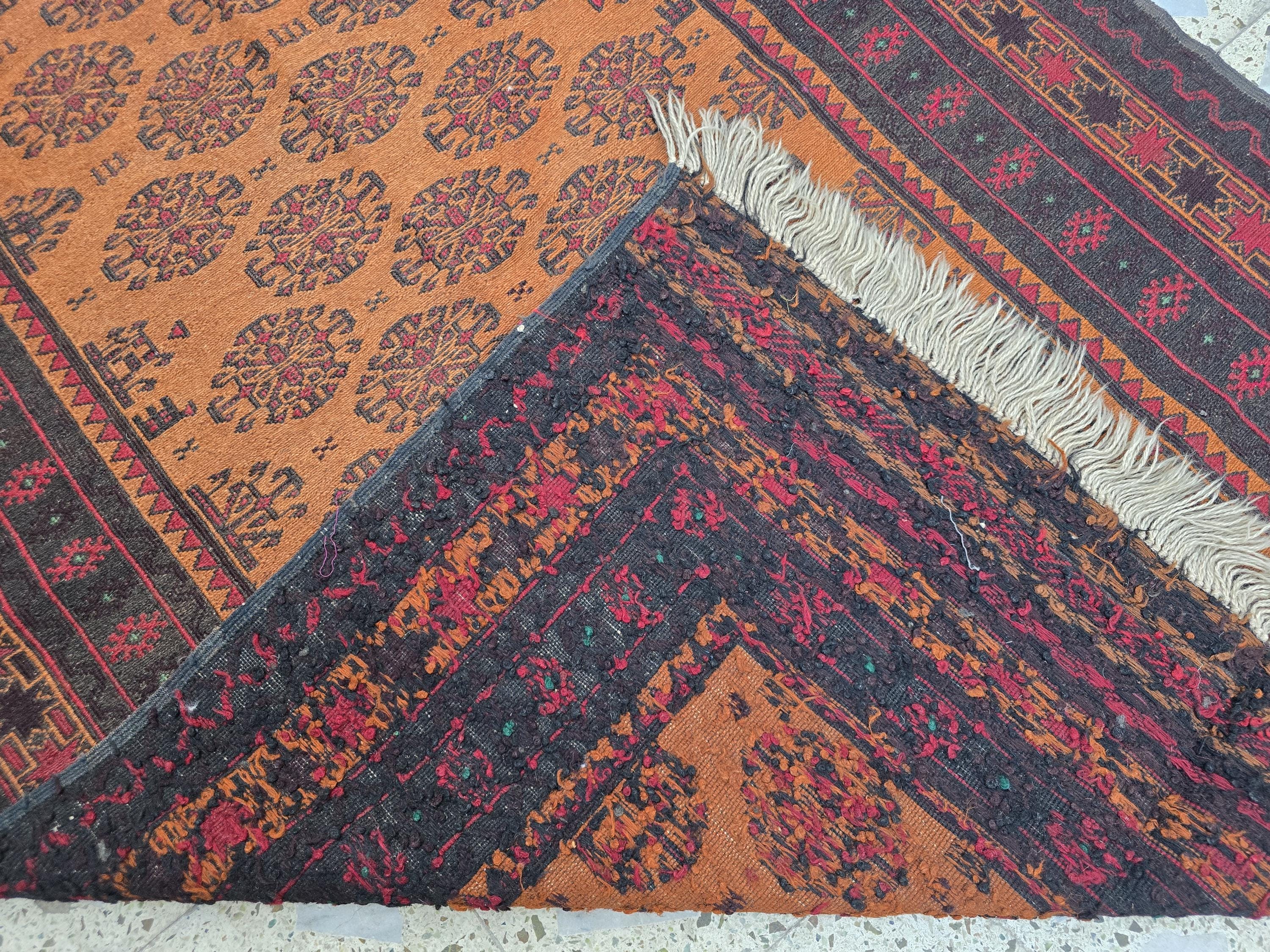 Vintage Afghan Kilim Rug 4.1x6.1 ft – Handwoven Tribal Wool Carpet, Orange & Black Geometric Pattern, Boho Home Decor
