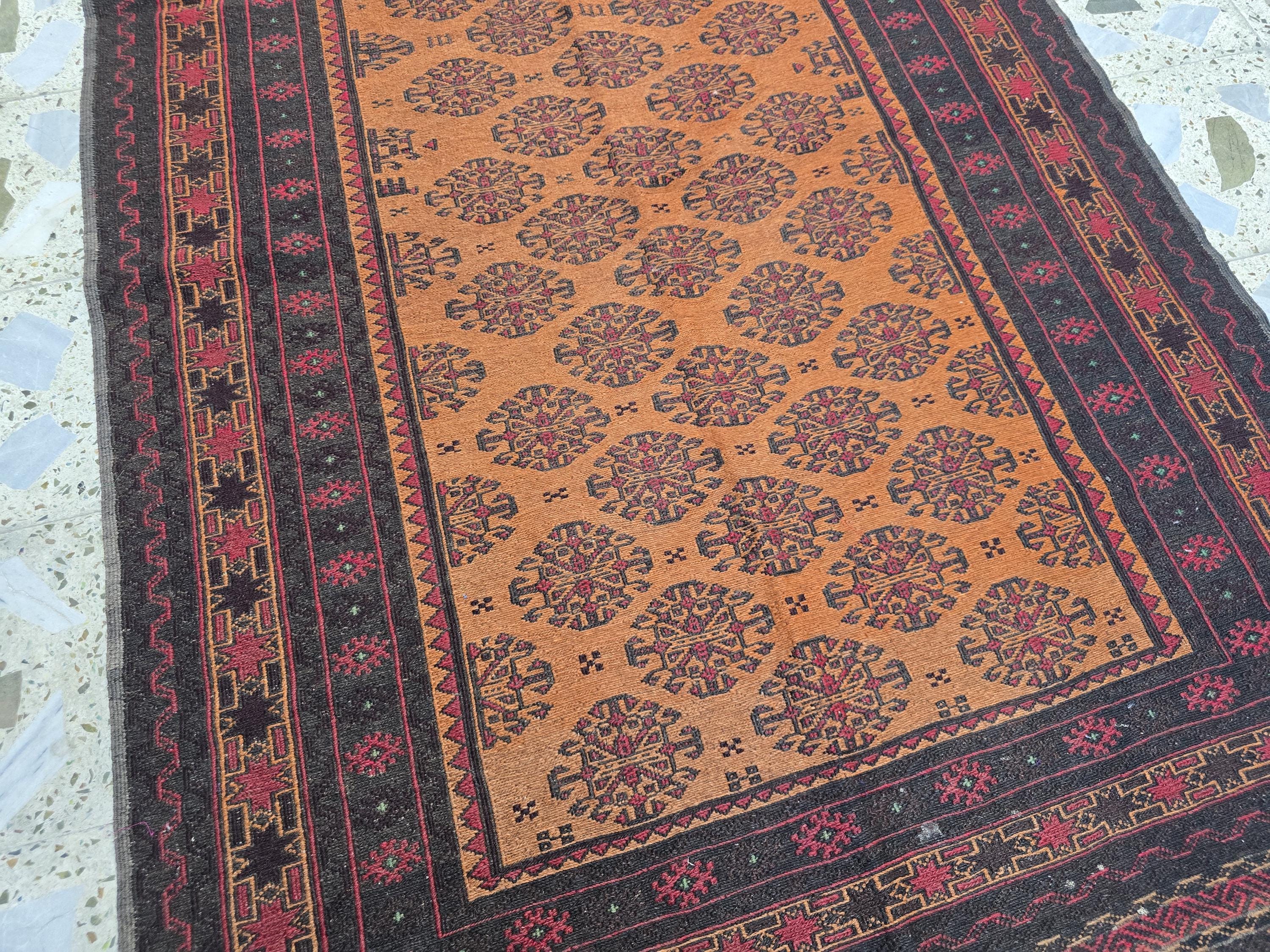 Vintage Afghan Kilim Rug 4.1x6.1 ft – Handwoven Tribal Wool Carpet, Orange & Black Geometric Pattern, Boho Home Decor