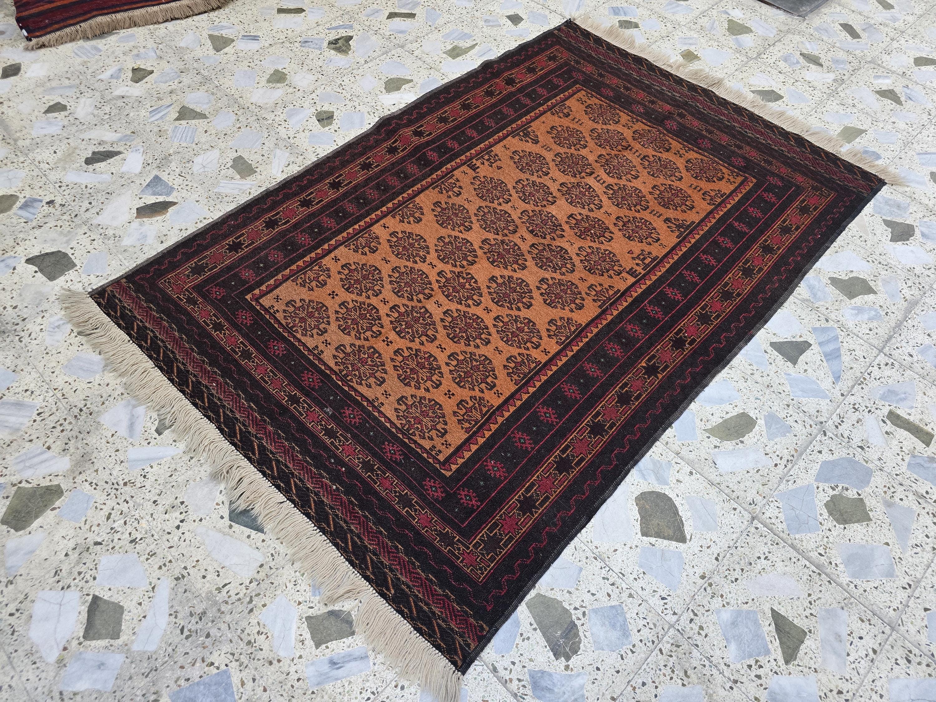Vintage Afghan Kilim Rug 4.1x6.1 ft – Handwoven Tribal Wool Carpet, Orange & Black Geometric Pattern, Boho Home Decor
