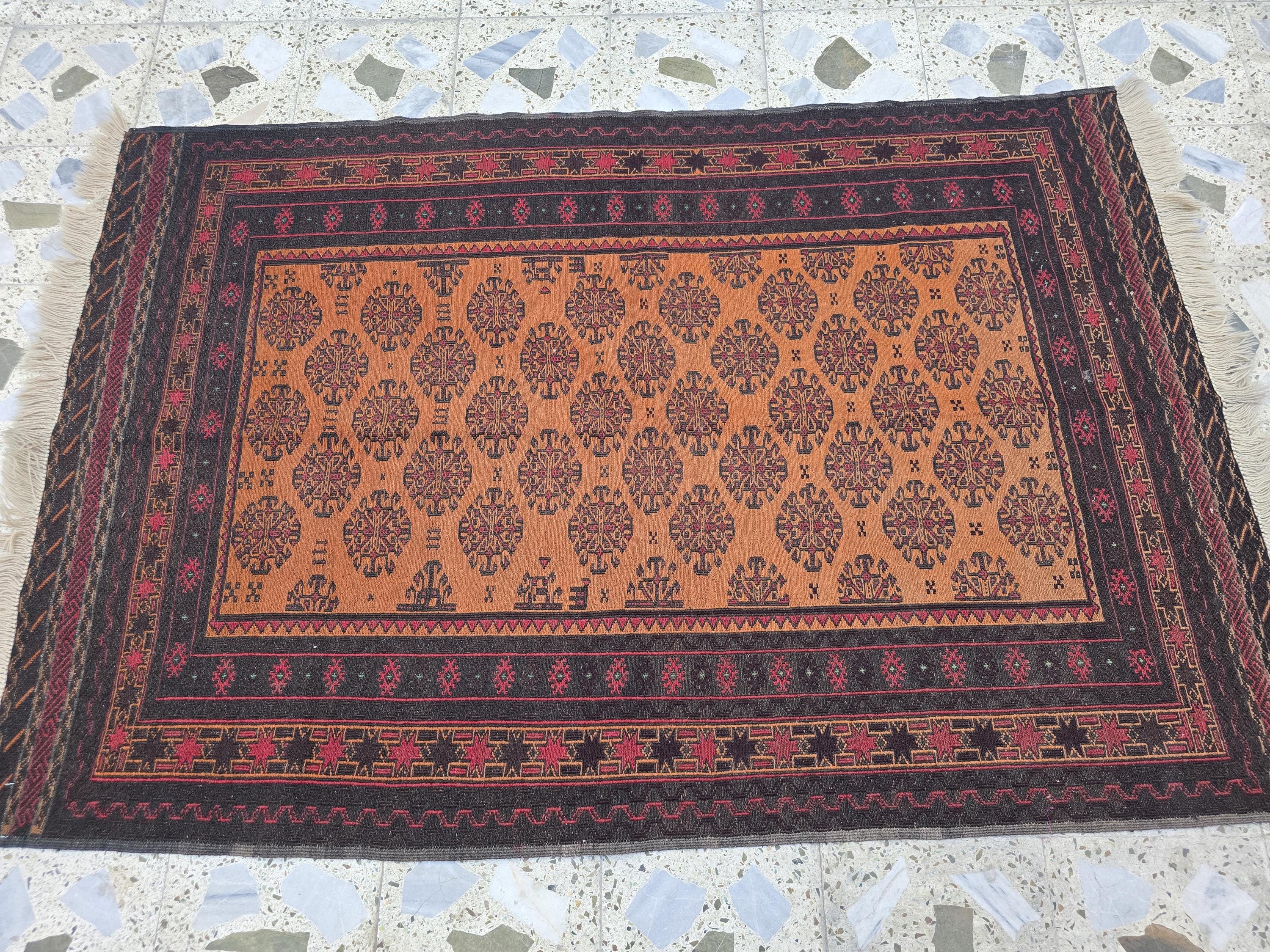 Vintage Afghan Kilim Rug 4.1x6.1 ft – Handwoven Tribal Wool Carpet, Orange & Black Geometric Pattern, Boho Home Decor