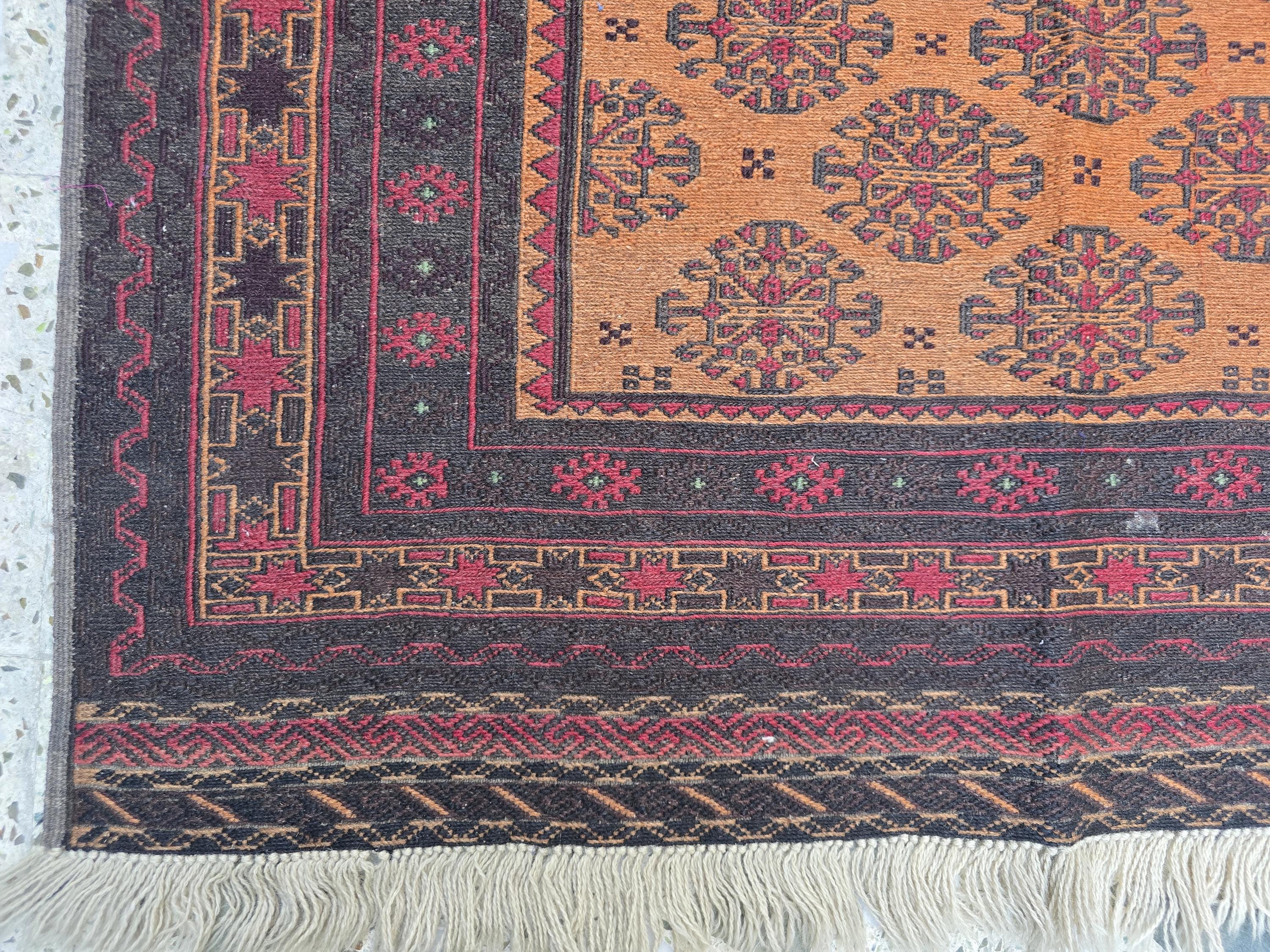 Vintage Afghan Kilim Rug 4.1x6.1 ft – Handwoven Tribal Wool Carpet, Orange & Black Geometric Pattern, Boho Home Decor