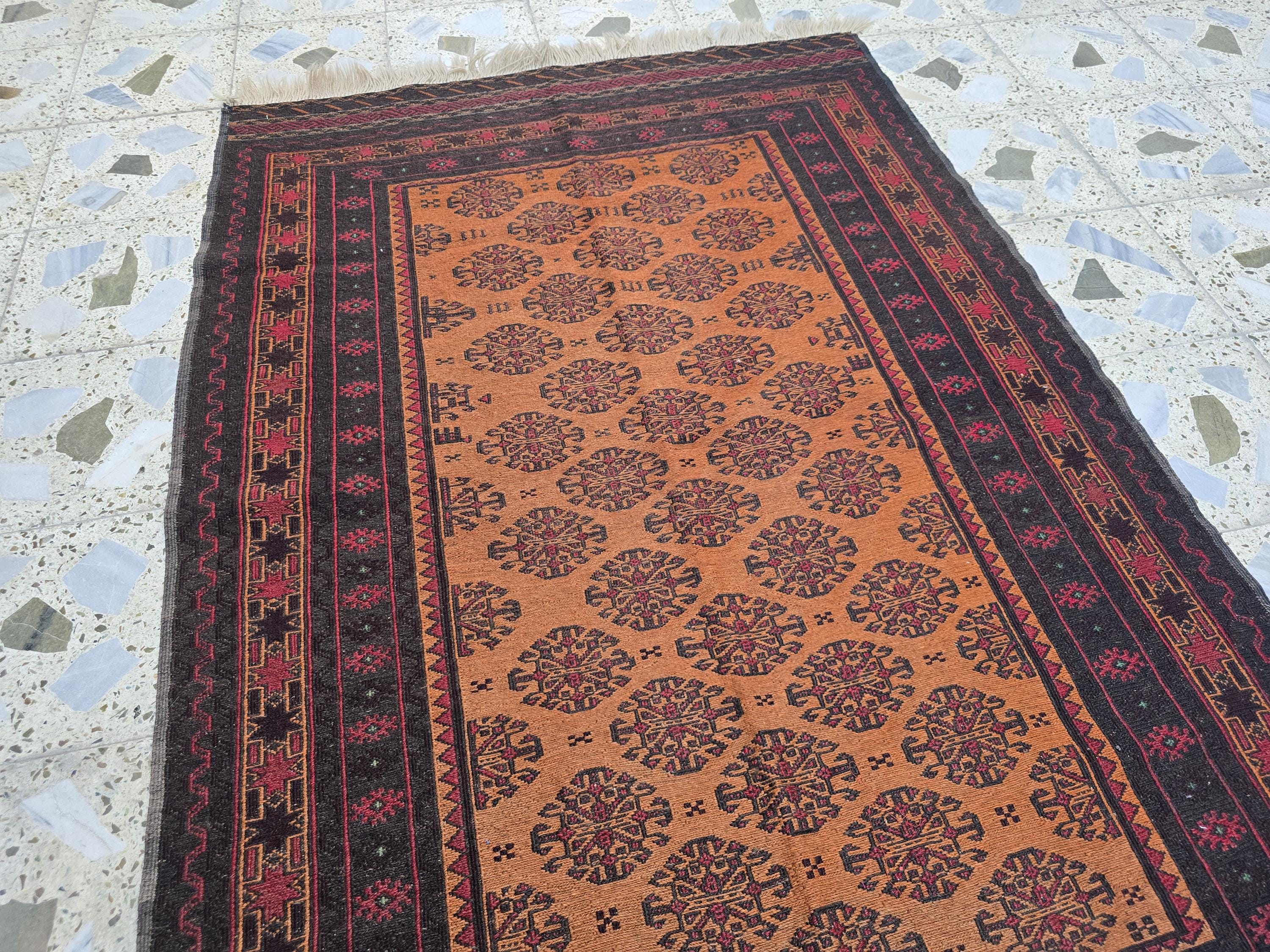 Vintage Afghan Kilim Rug 4.1x6.1 ft – Handwoven Tribal Wool Carpet, Orange & Black Geometric Pattern, Boho Home Decor