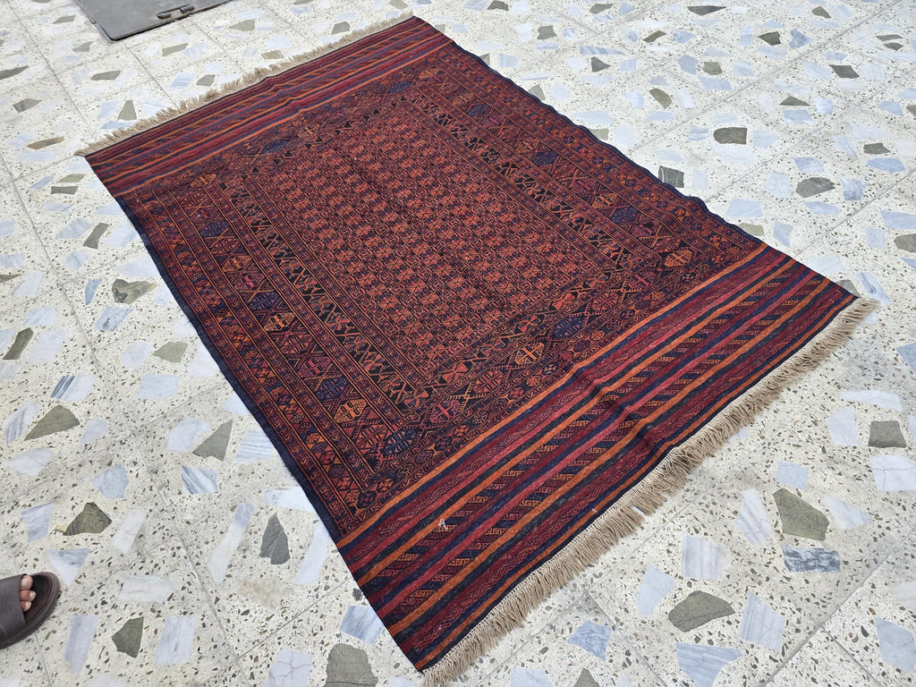 4x6ft, Turkmen Handmade Afghan Kilim Rug, Vintage Geometric Tribal Wool Rug, Boho Red Rug for Bedroom, Hallway, Entryway