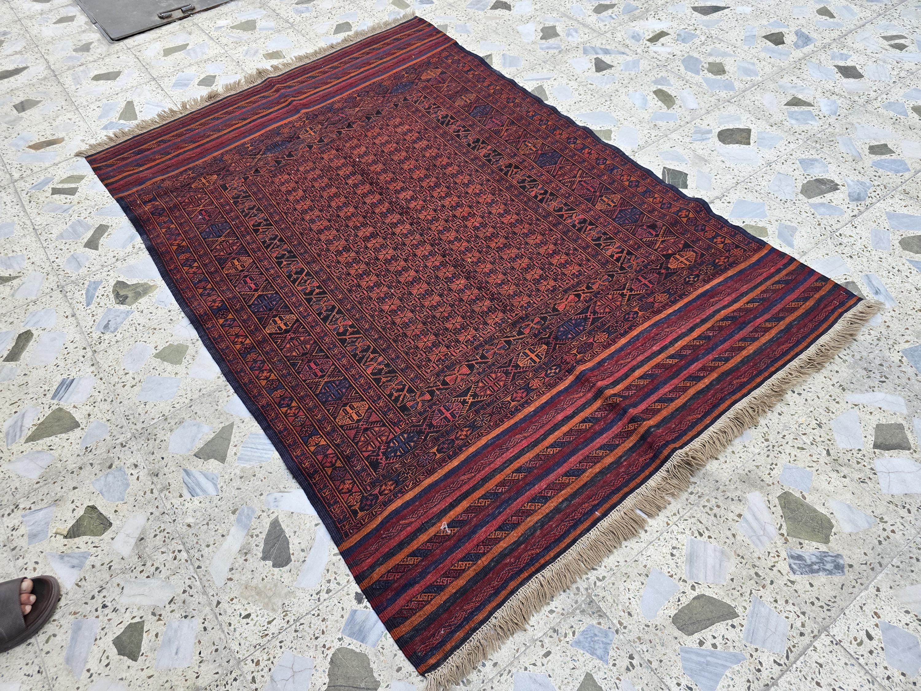 4x6ft, Turkmen Handmade Afghan Kilim Rug, Vintage Geometric Tribal Wool Rug, Boho Red Rug for Bedroom, Hallway, Entryway