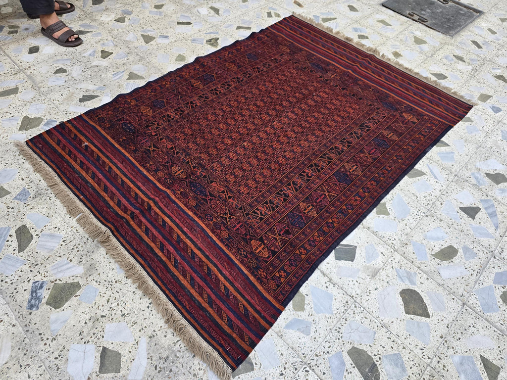 4x6ft, Turkmen Handmade Afghan Kilim Rug, Vintage Geometric Tribal Wool Rug, Boho Red Rug for Bedroom, Hallway, Entryway