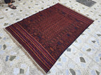 4x6ft, Turkmen Handmade Afghan Kilim Rug, Vintage Geometric Tribal Wool Rug, Boho Red Rug for Bedroom, Hallway, Entryway