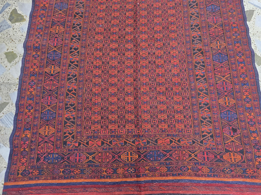 4x6ft, Turkmen Handmade Afghan Kilim Rug, Vintage Geometric Tribal Wool Rug, Boho Red Rug for Bedroom, Hallway, Entryway