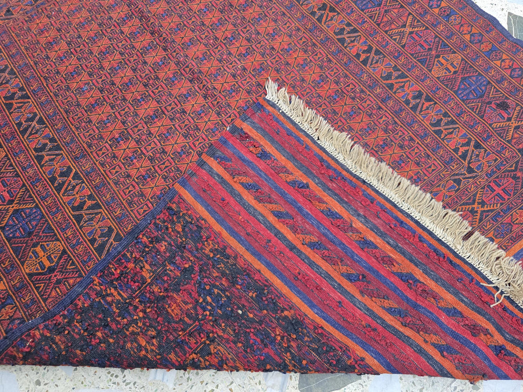 4x6ft, Turkmen Handmade Afghan Kilim Rug, Vintage Geometric Tribal Wool Rug, Boho Red Rug for Bedroom, Hallway, Entryway
