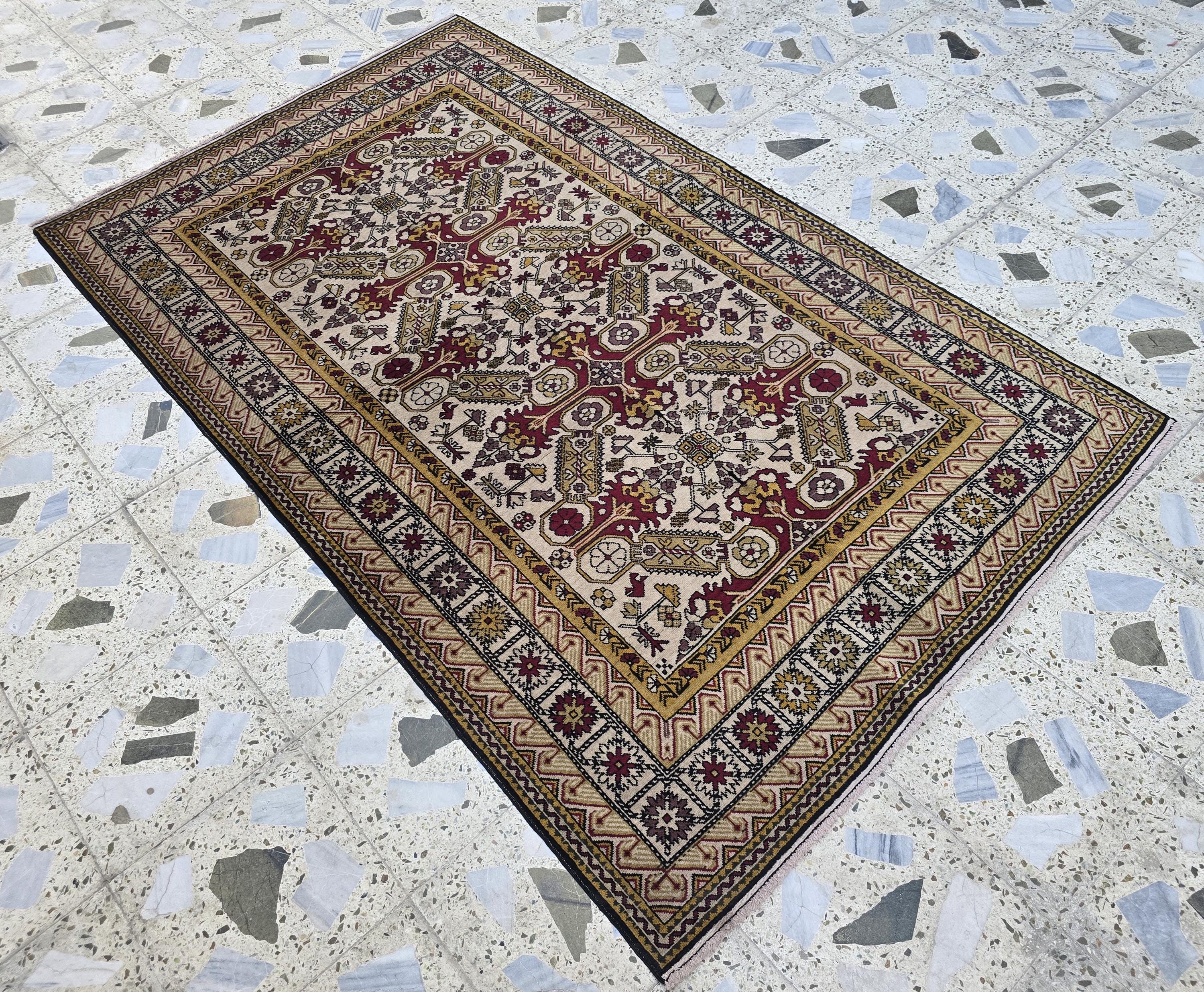Shirvan Handwoven 4x7ft Vintage Afghan Rug, Geometric light beige and red Wool Area Rug, Living Room Rug, Bedroom Rug