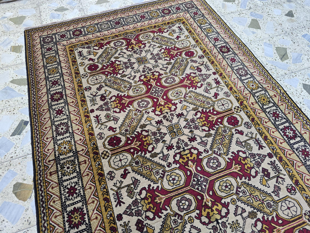 Shirvan Handwoven 4x7ft Vintage Afghan Rug, Geometric light beige and red Wool Area Rug, Living Room Rug, Bedroom Rug
