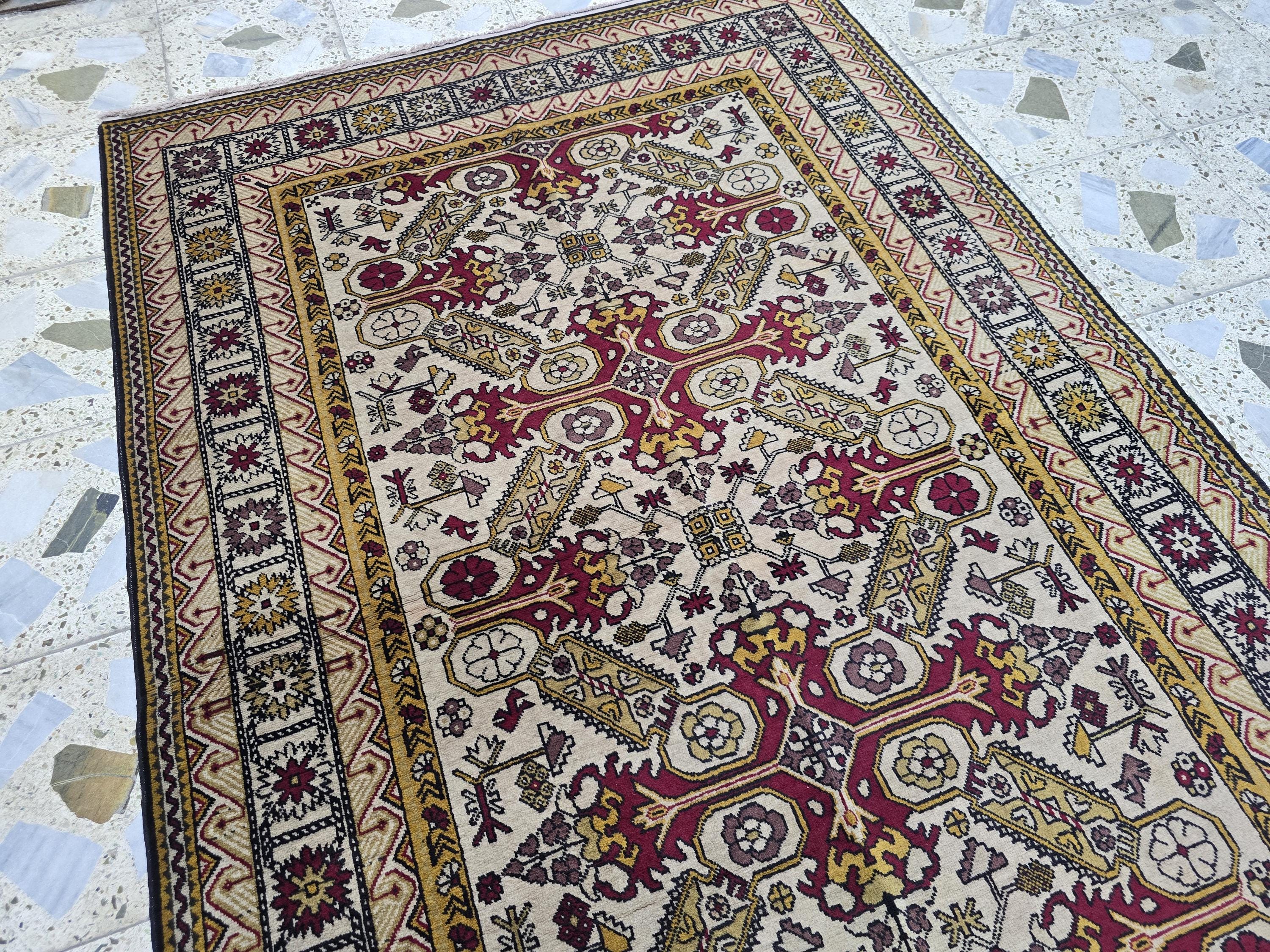 Shirvan Handwoven 4x7ft Vintage Afghan Rug, Geometric light beige and red Wool Area Rug, Living Room Rug, Bedroom Rug