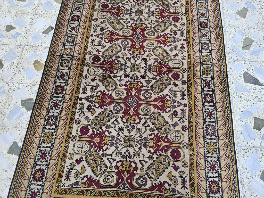 Shirvan Handwoven 4x7ft Vintage Afghan Rug, Geometric light beige and red Wool Area Rug, Living Room Rug, Bedroom Rug