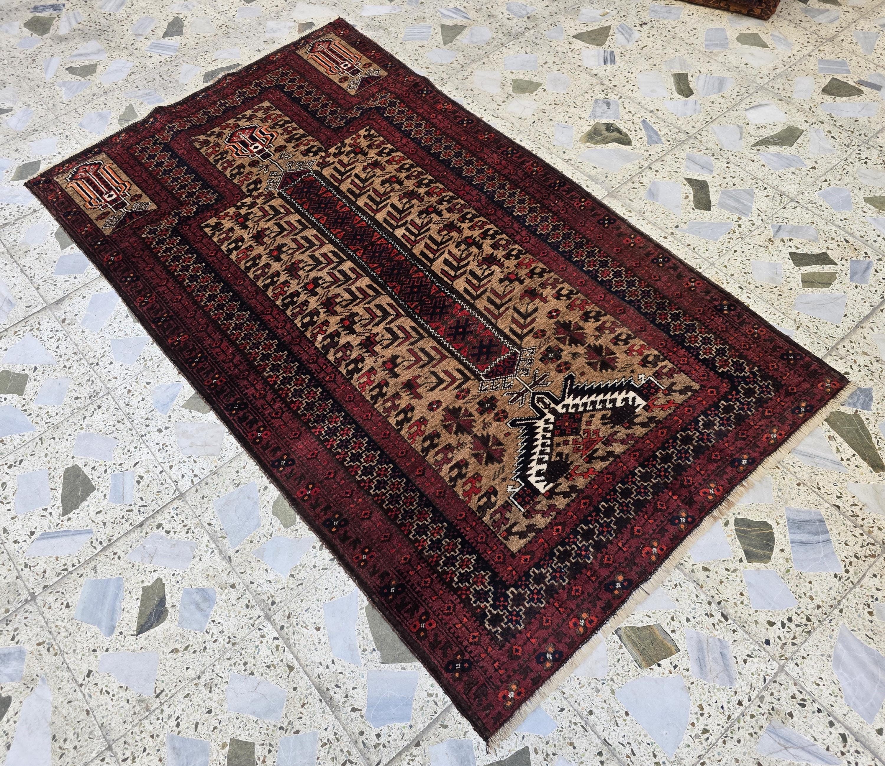Vintage Baluchi Prayer Rug 3x5 ft – Handwoven Tribal Wool Mat, Islamic Namaz Carpet, Bohemian Decor, Wall Hanging Antique Collectible Rug