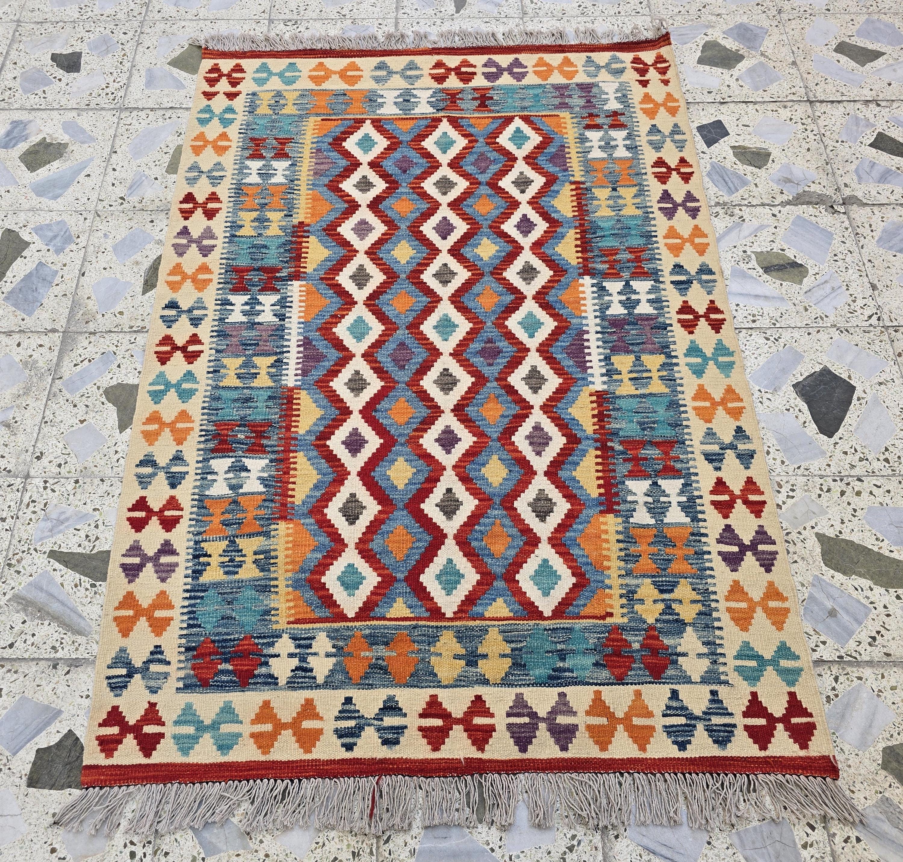 3x5 Flatweave Multicolor Kilim Rug – Handwoven Vintage Wool Area Rug, Boho Tribal Carpet, Ethnic Afghan Decor, Rug for Bedroom, Hallway