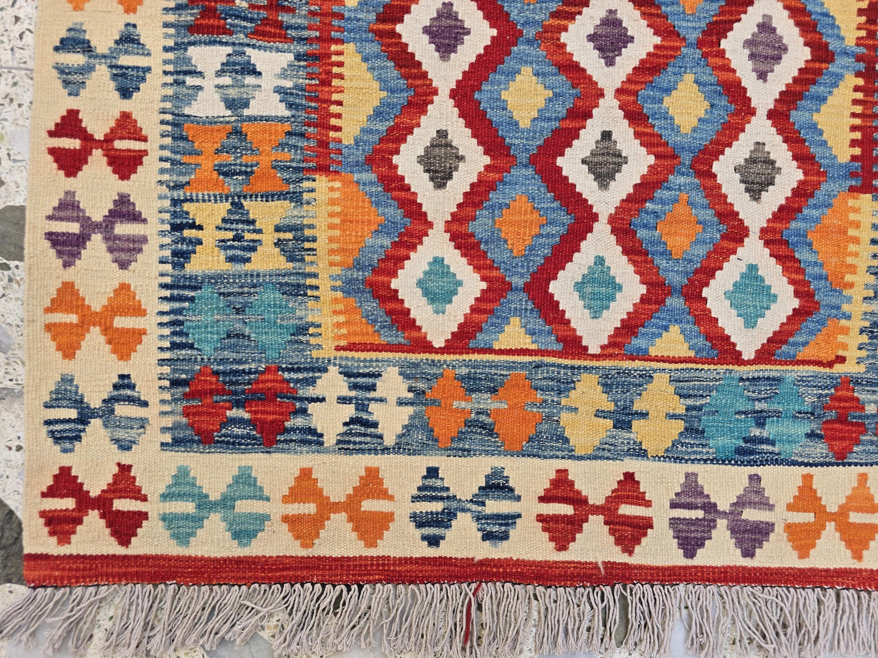3x5 Flatweave Multicolor Kilim Rug – Handwoven Vintage Wool Area Rug, Boho Tribal Carpet, Ethnic Afghan Decor, Rug for Bedroom, Hallway