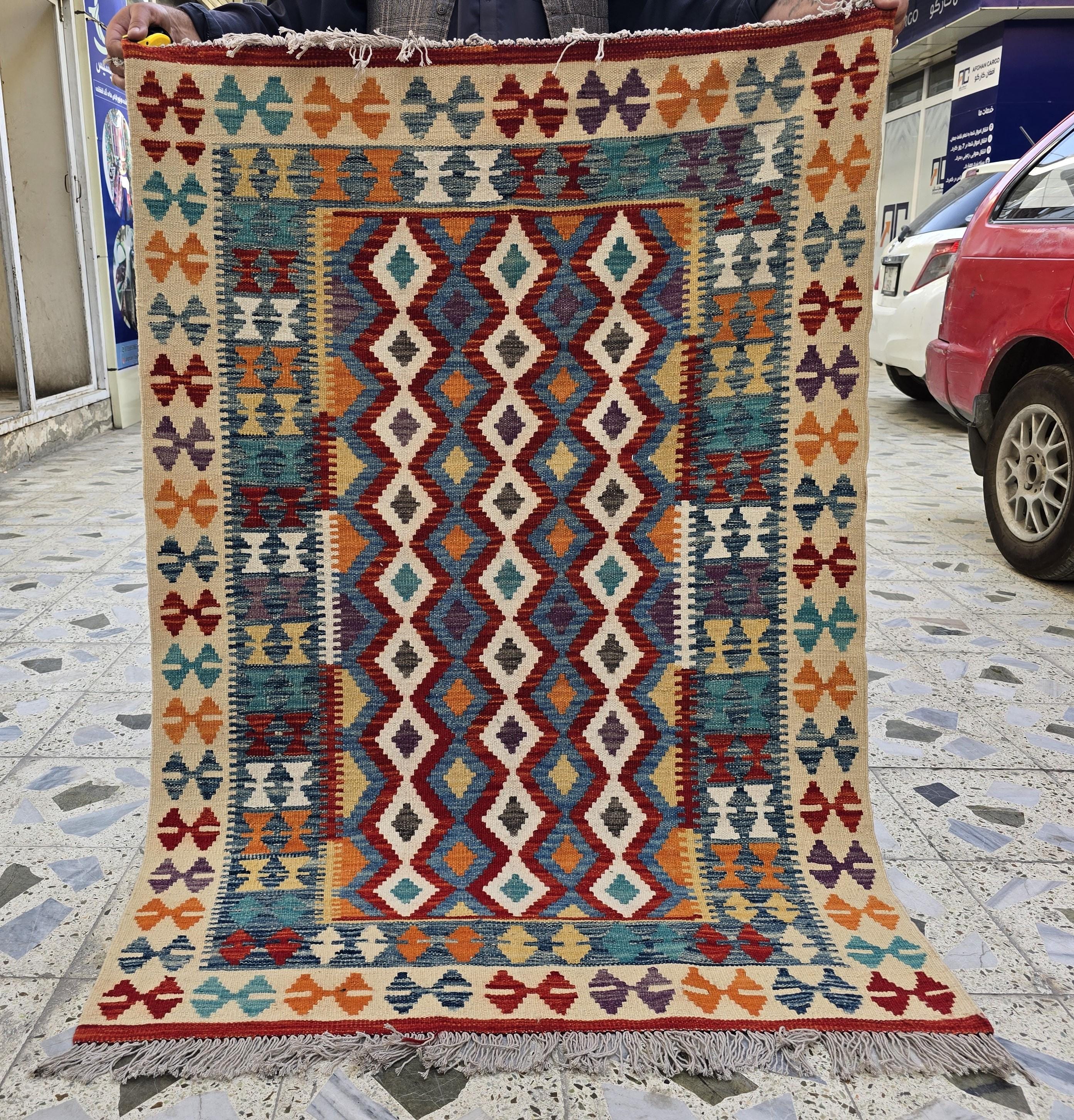 3x5 Flatweave Multicolor Kilim Rug – Handwoven Vintage Wool Area Rug, Boho Tribal Carpet, Ethnic Afghan Decor, Rug for Bedroom, Hallway
