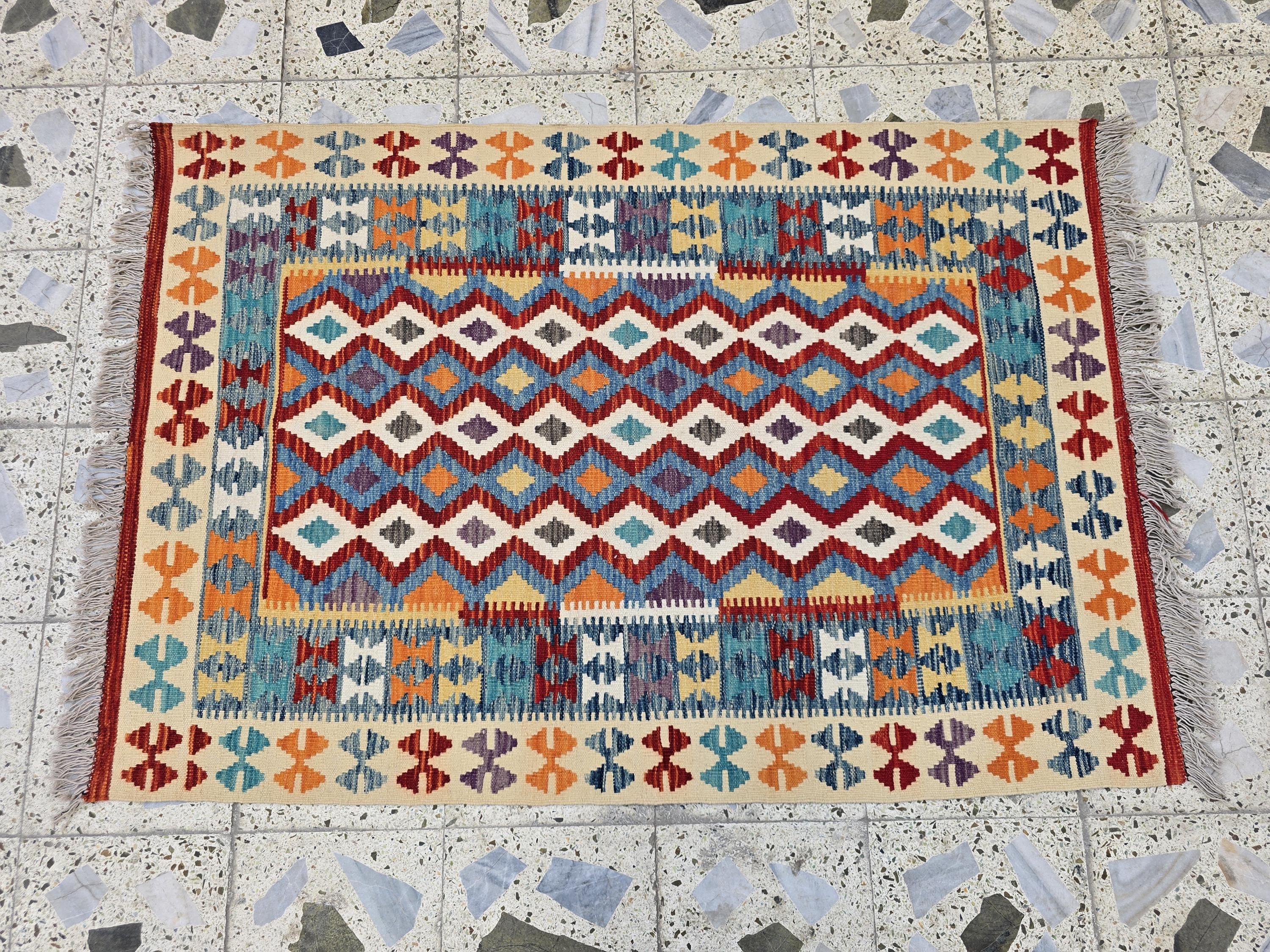 3x5 Flatweave Multicolor Kilim Rug – Handwoven Vintage Wool Area Rug, Boho Tribal Carpet, Ethnic Afghan Decor, Rug for Bedroom, Hallway