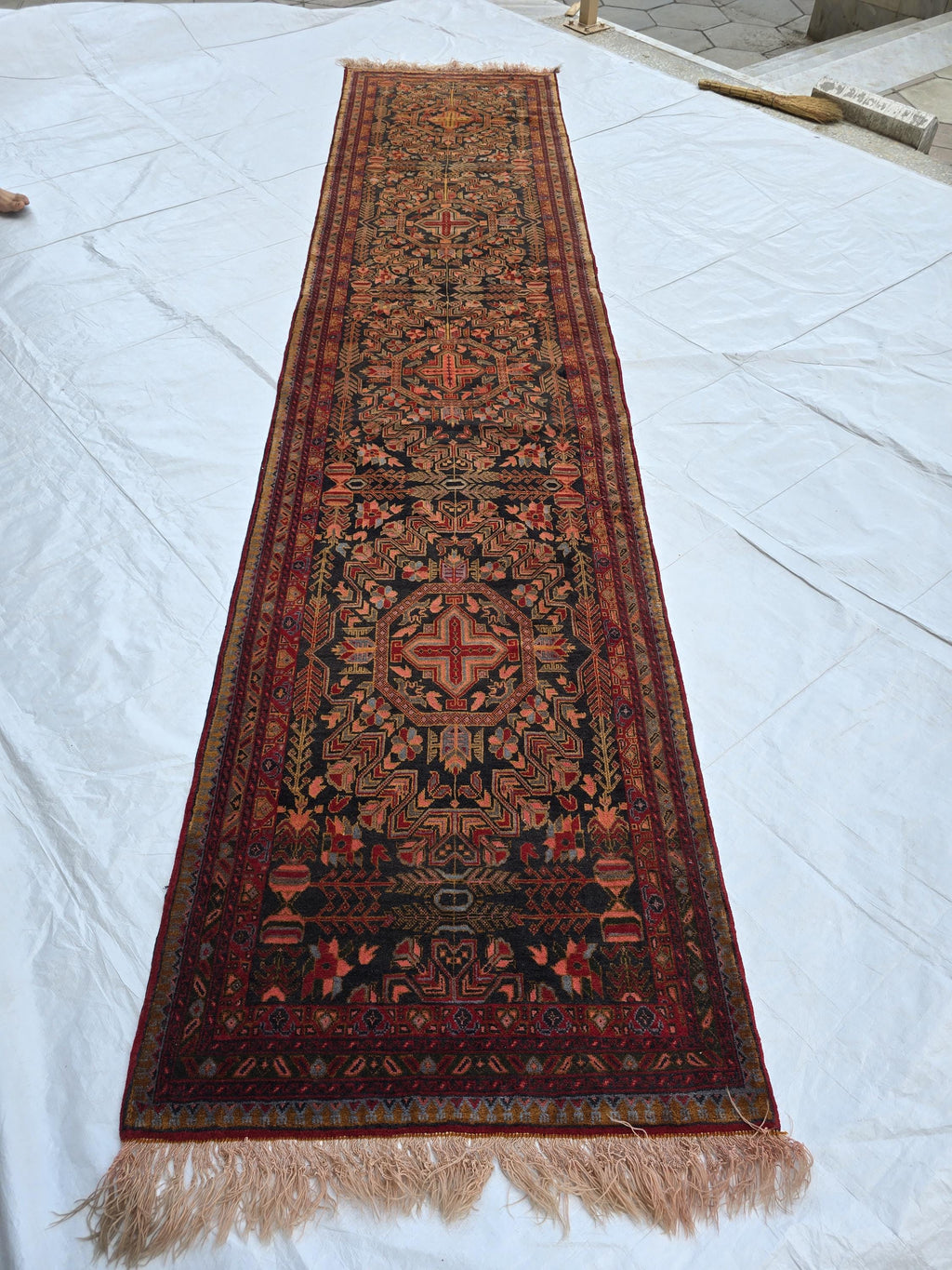 Vintage Persian Runner Rug 90 Years Old – Handwoven Tribal Herati Design – Long Narrow Hallway Rug 12.6x2.8 ft – Wool Oriental Rug