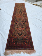 Vintage Persian Runner Rug 90 Years Old – Handwoven Tribal Herati Design – Long Narrow Hallway Rug 12.6x2.8 ft – Wool Oriental Rug