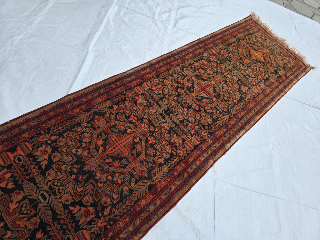 Vintage Persian Runner Rug 90 Years Old – Handwoven Tribal Herati Design – Long Narrow Hallway Rug 12.6x2.8 ft – Wool Oriental Rug