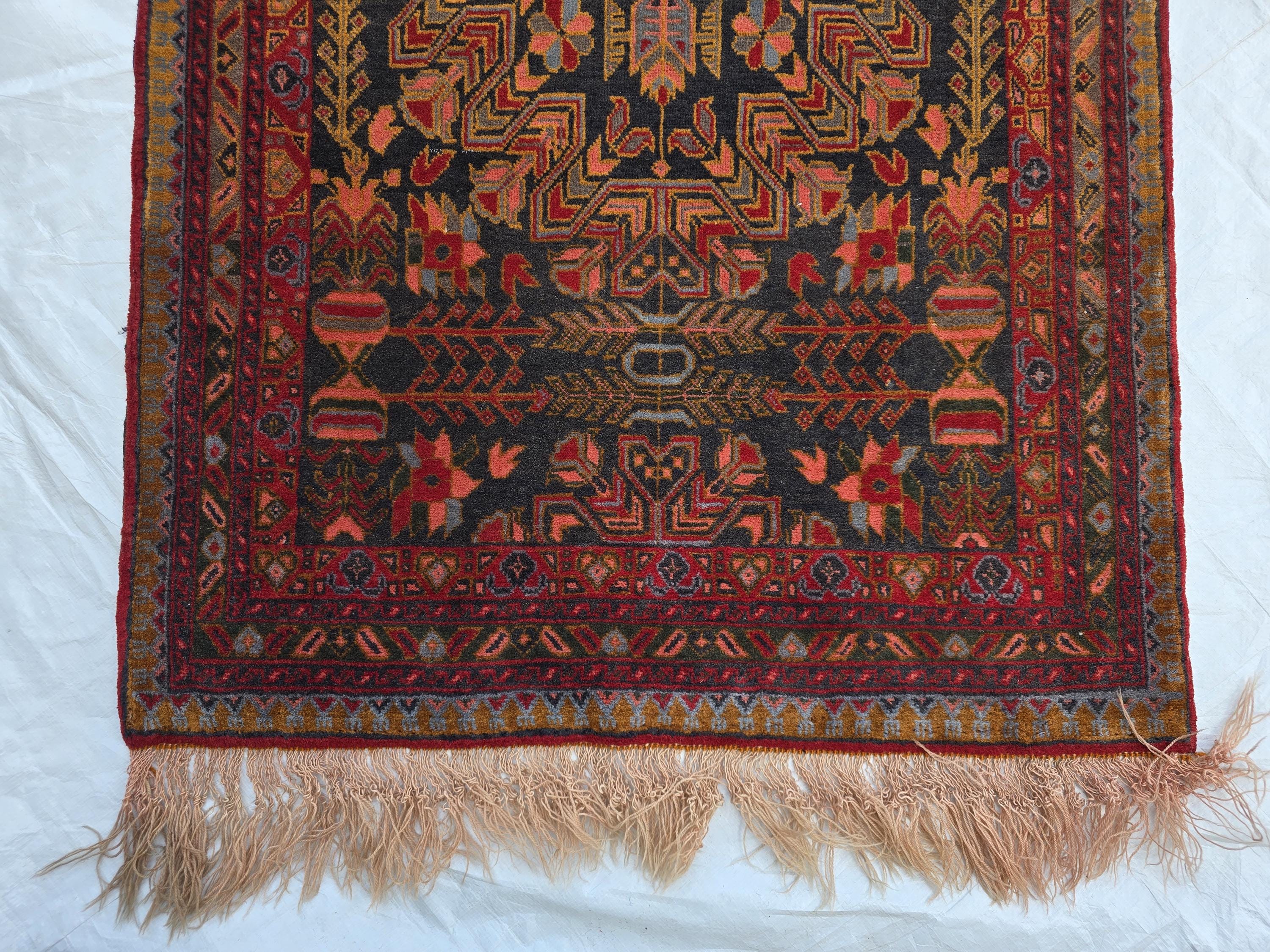 Vintage Persian Runner Rug 90 Years Old – Handwoven Tribal Herati Design – Long Narrow Hallway Rug 12.6x2.8 ft – Wool Oriental Rug