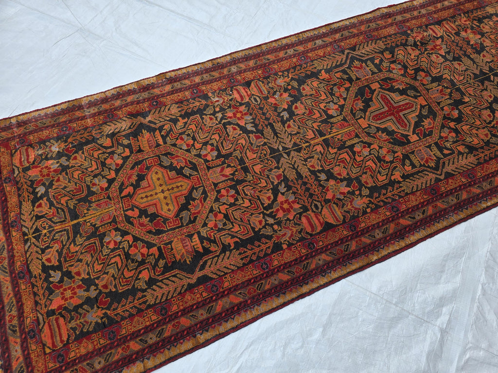 Vintage Persian Runner Rug 90 Years Old – Handwoven Tribal Herati Design – Long Narrow Hallway Rug 12.6x2.8 ft – Wool Oriental Rug