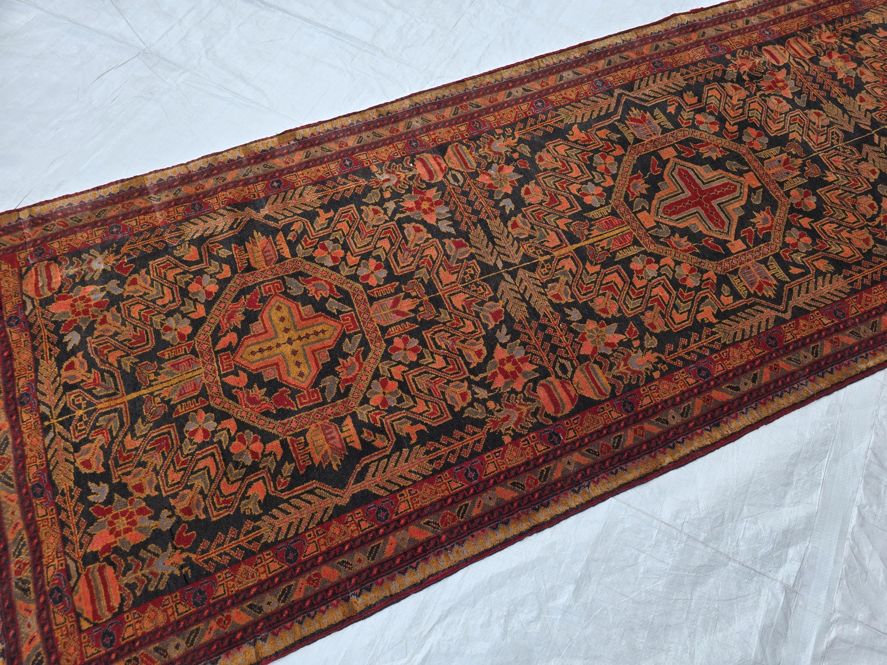 Vintage Persian Runner Rug 90 Years Old – Handwoven Tribal Herati Design – Long Narrow Hallway Rug 12.6x2.8 ft – Wool Oriental Rug