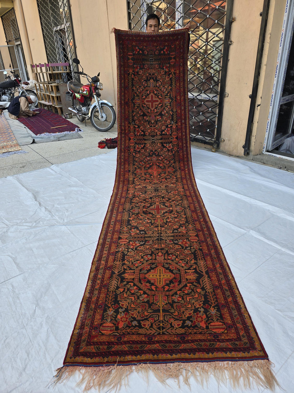 Vintage Persian Runner Rug 90 Years Old – Handwoven Tribal Herati Design – Long Narrow Hallway Rug 12.6x2.8 ft – Wool Oriental Rug