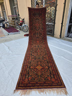Vintage Persian Runner Rug 90 Years Old – Handwoven Tribal Herati Design – Long Narrow Hallway Rug 12.6x2.8 ft – Wool Oriental Rug
