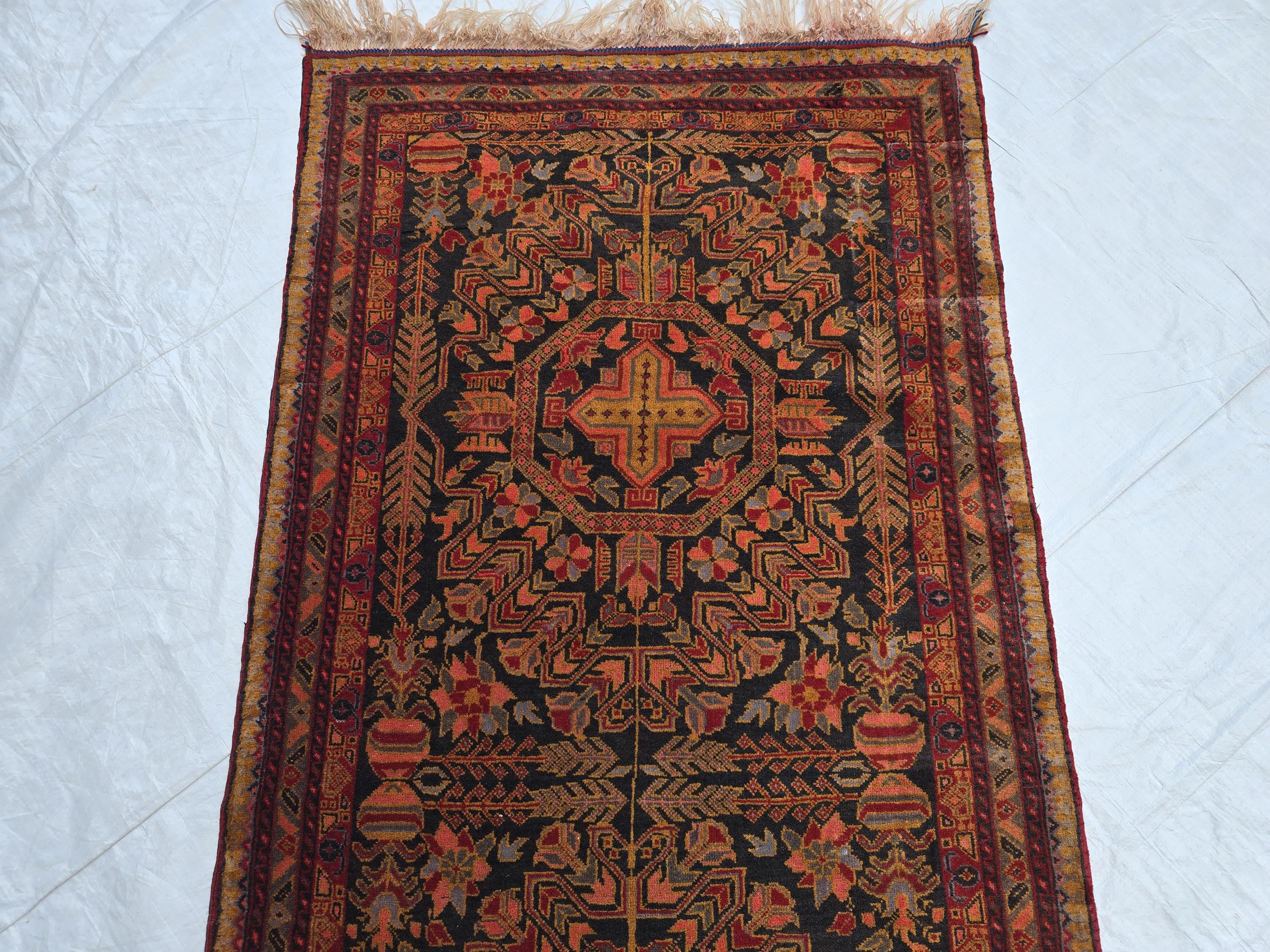 Vintage Persian Runner Rug 90 Years Old – Handwoven Tribal Herati Design – Long Narrow Hallway Rug 12.6x2.8 ft – Wool Oriental Rug