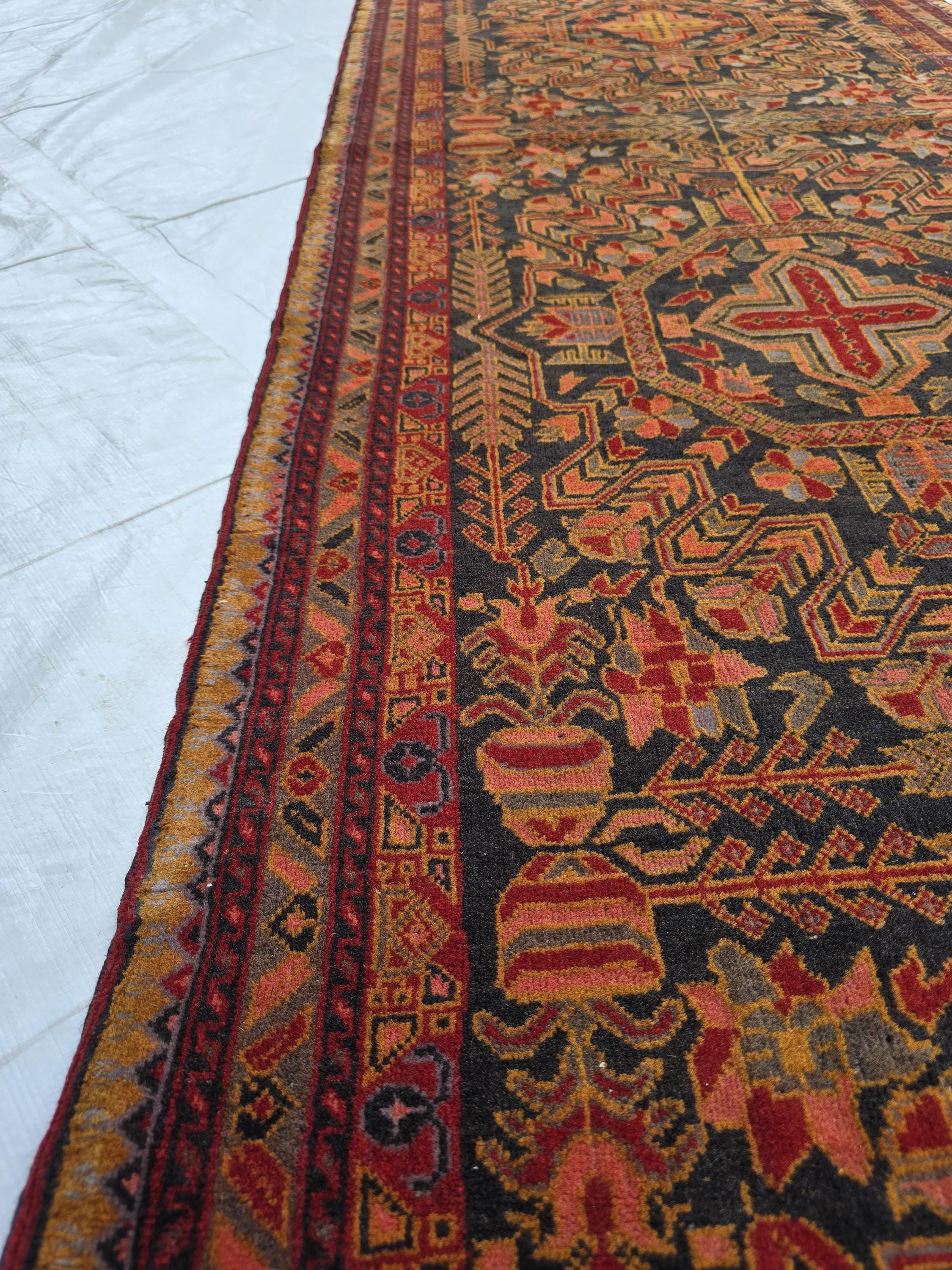 Vintage Persian Runner Rug 90 Years Old – Handwoven Tribal Herati Design – Long Narrow Hallway Rug 12.6x2.8 ft – Wool Oriental Rug