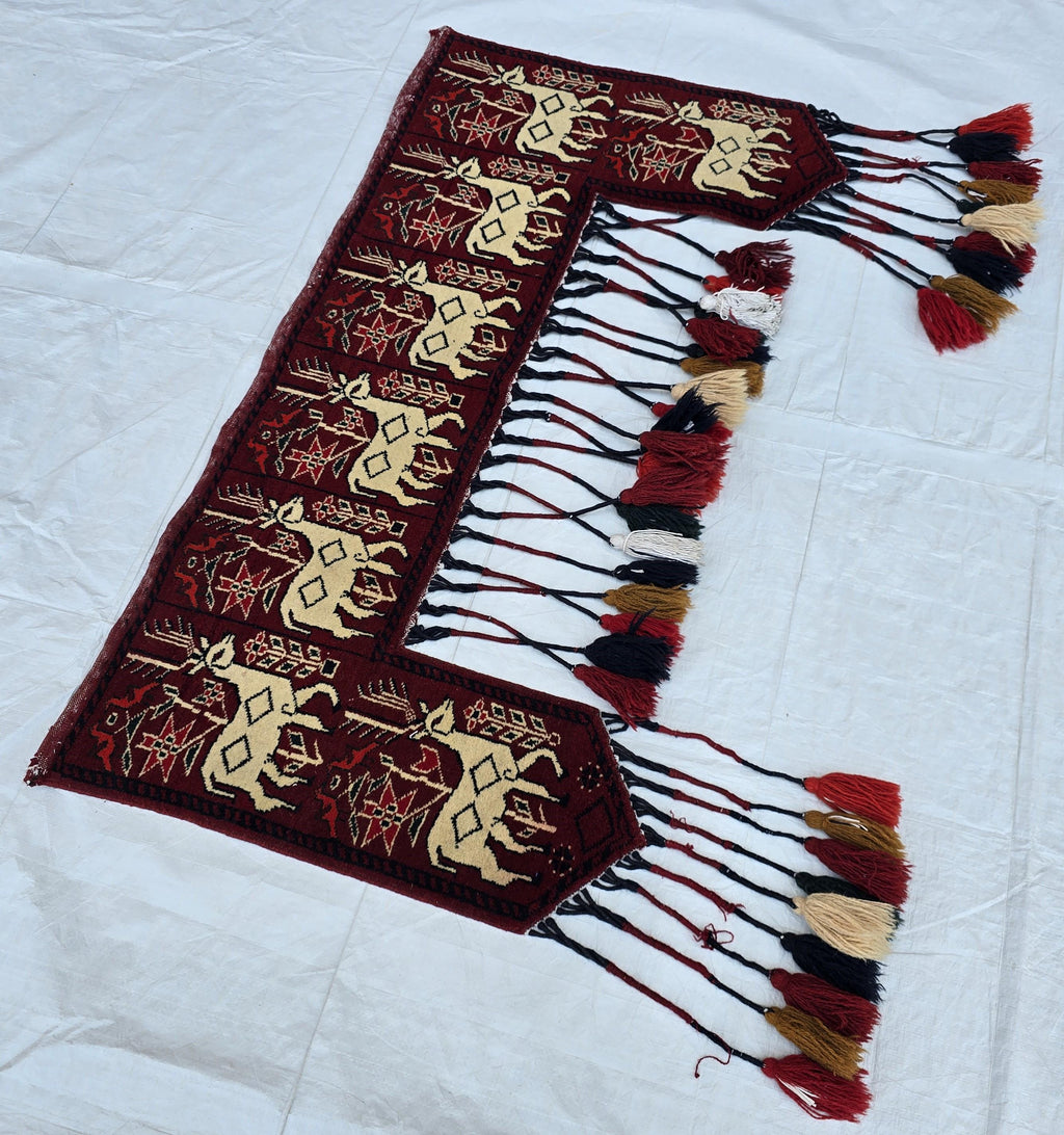 Handmade Afghan Tribal Wall Hanging Animal Print– Wool Textile with Tassels – 4.2 x 1.1 ft – Red & Cream Ethnic Decor – Nomadic Wall Art
