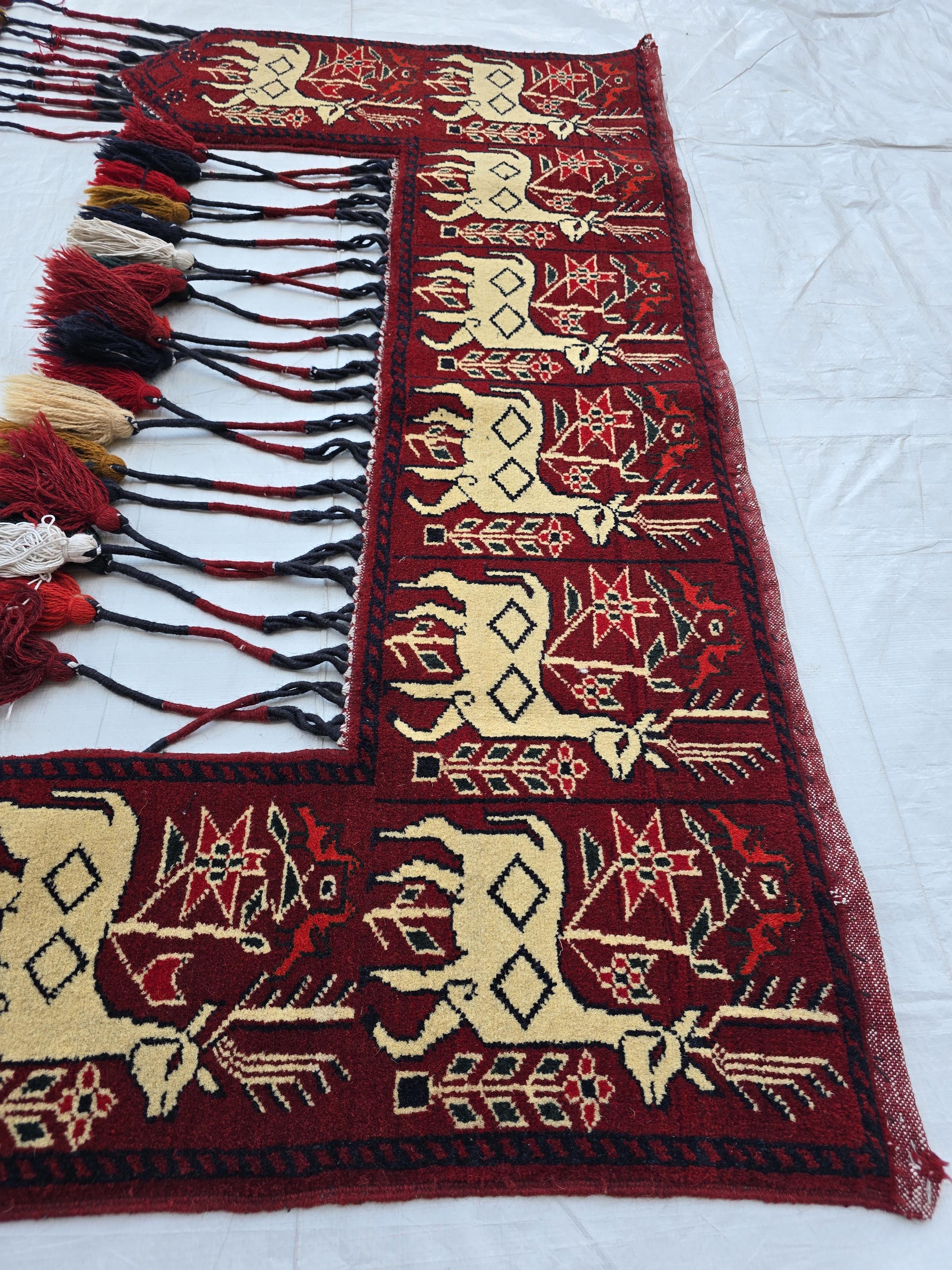Handmade Afghan Tribal Wall Hanging Animal Print– Wool Textile with Tassels – 4.2 x 1.1 ft – Red & Cream Ethnic Decor – Nomadic Wall Art