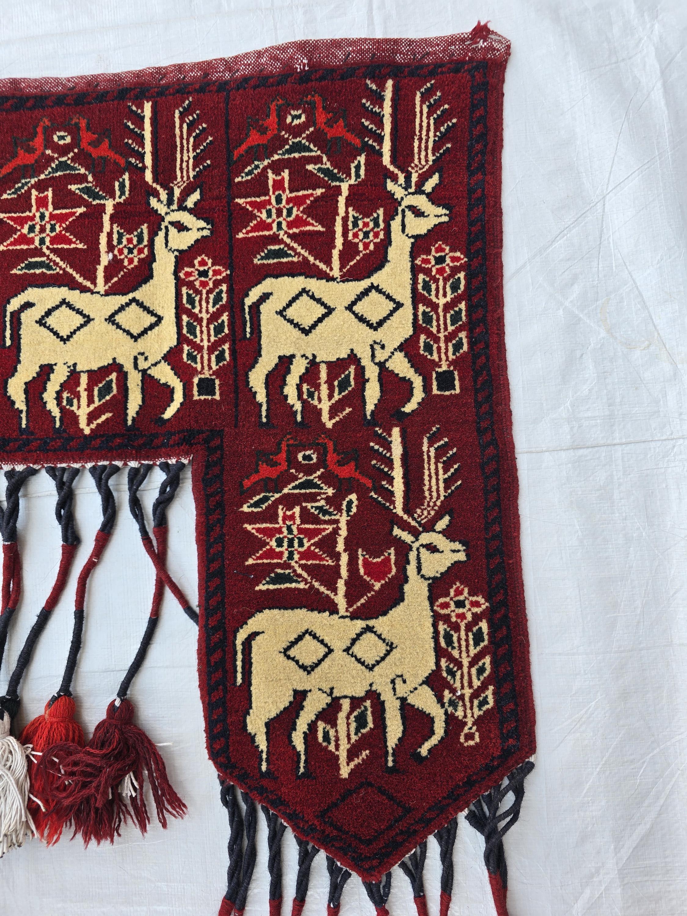 Handmade Afghan Tribal Wall Hanging Animal Print– Wool Textile with Tassels – 4.2 x 1.1 ft – Red & Cream Ethnic Decor – Nomadic Wall Art