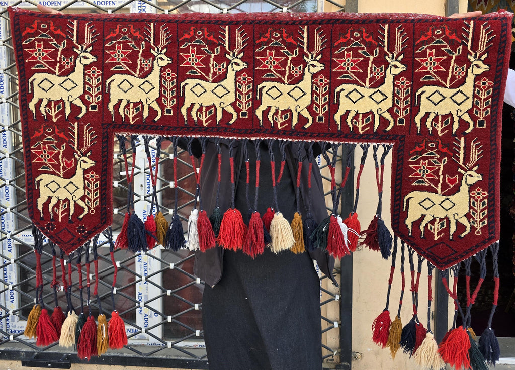 Handmade Afghan Tribal Wall Hanging Animal Print– Wool Textile with Tassels – 4.2 x 1.1 ft – Red & Cream Ethnic Decor – Nomadic Wall Art