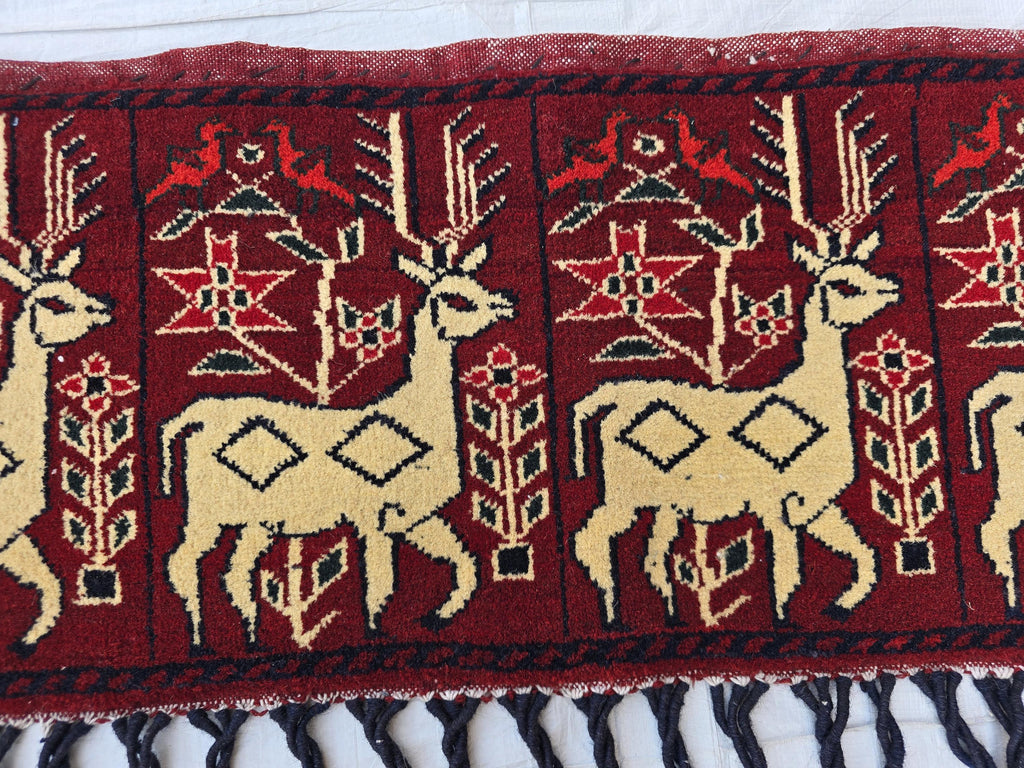 Handmade Afghan Tribal Wall Hanging Animal Print– Wool Textile with Tassels – 4.2 x 1.1 ft – Red & Cream Ethnic Decor – Nomadic Wall Art